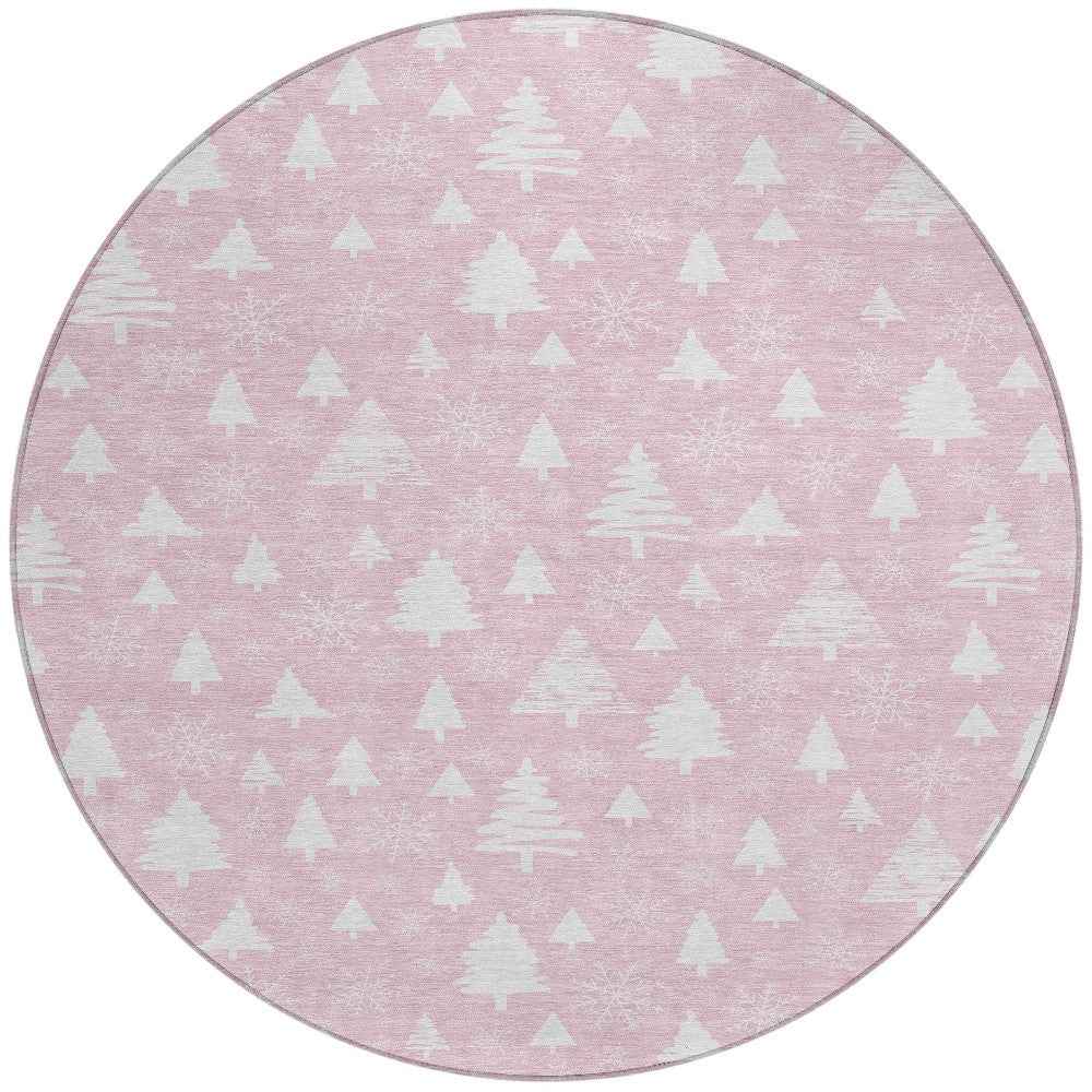 8' Pink And Ivory Round Botanical Leaves Washable Indoor Outdoor Area Rug