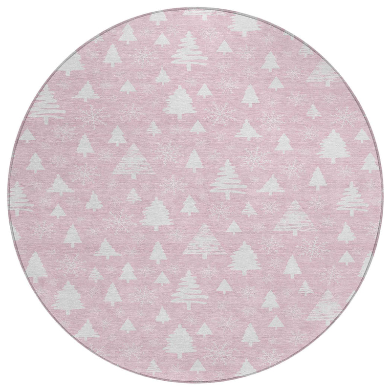 8' Pink And Ivory Round Botanical Leaves Washable Indoor Outdoor Area Rug