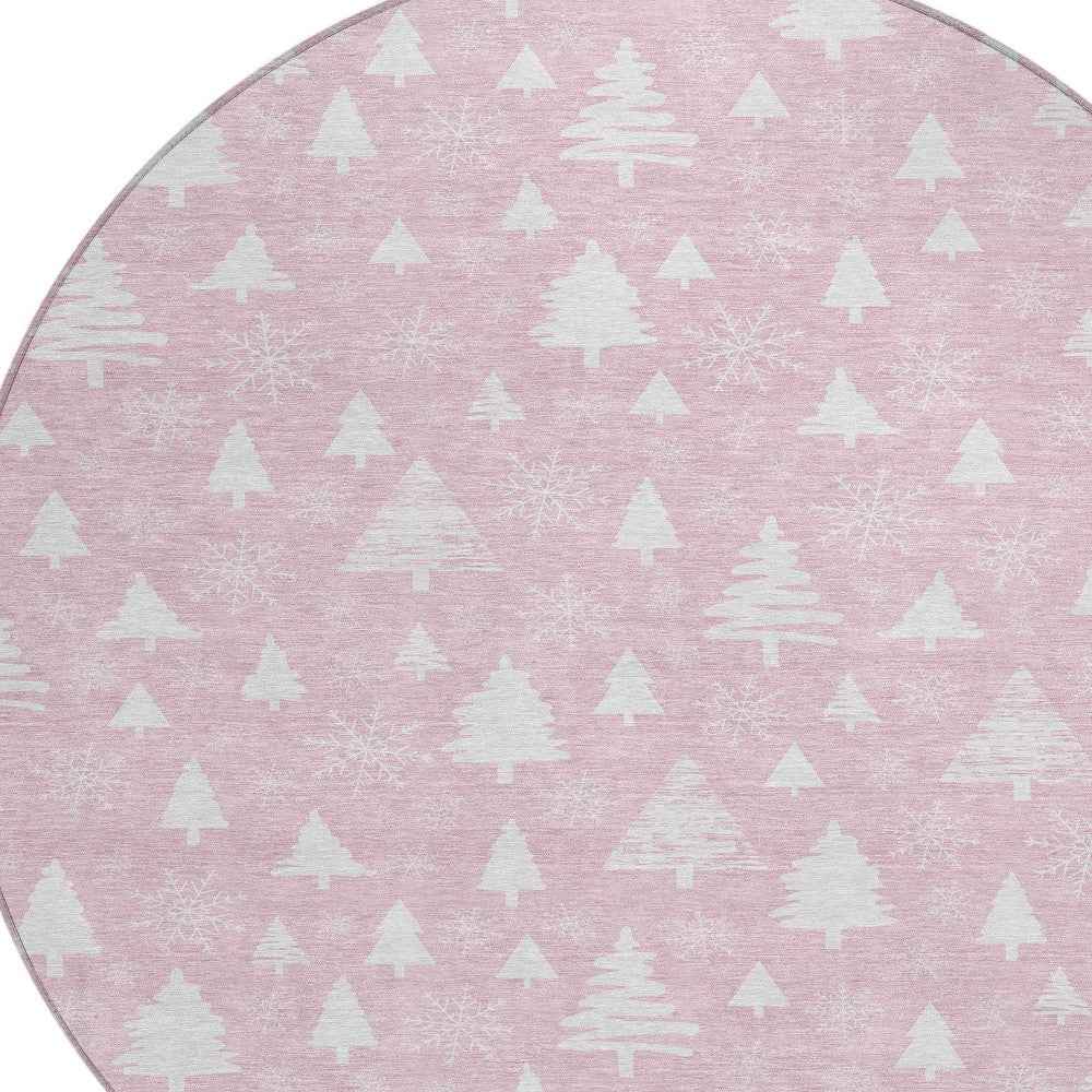 8' Pink And Ivory Round Botanical Leaves Washable Indoor Outdoor Area Rug