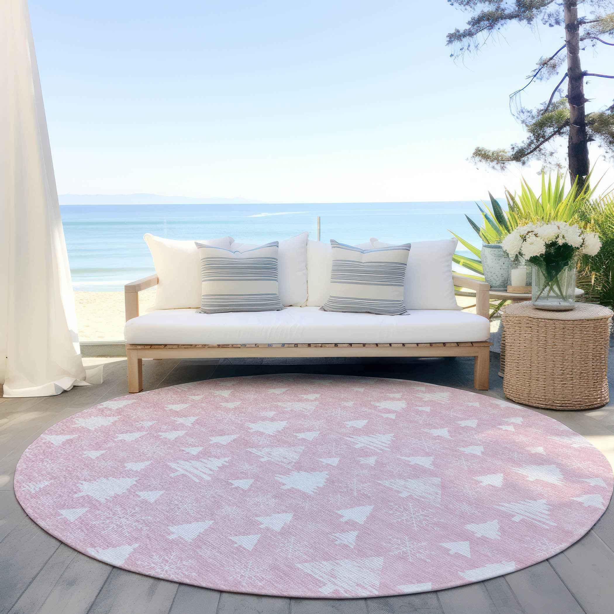 8' Pink And Ivory Round Botanical Leaves Washable Indoor Outdoor Area Rug