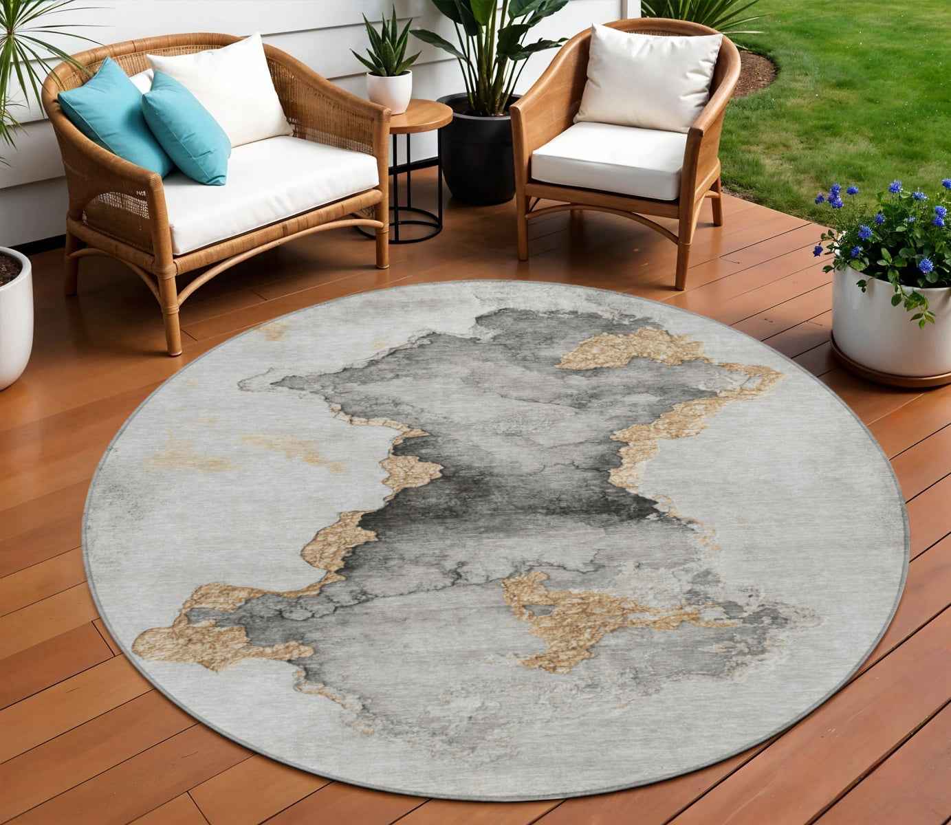 8' Gray And Gold Round Abstract Washable Indoor Outdoor Area Rug