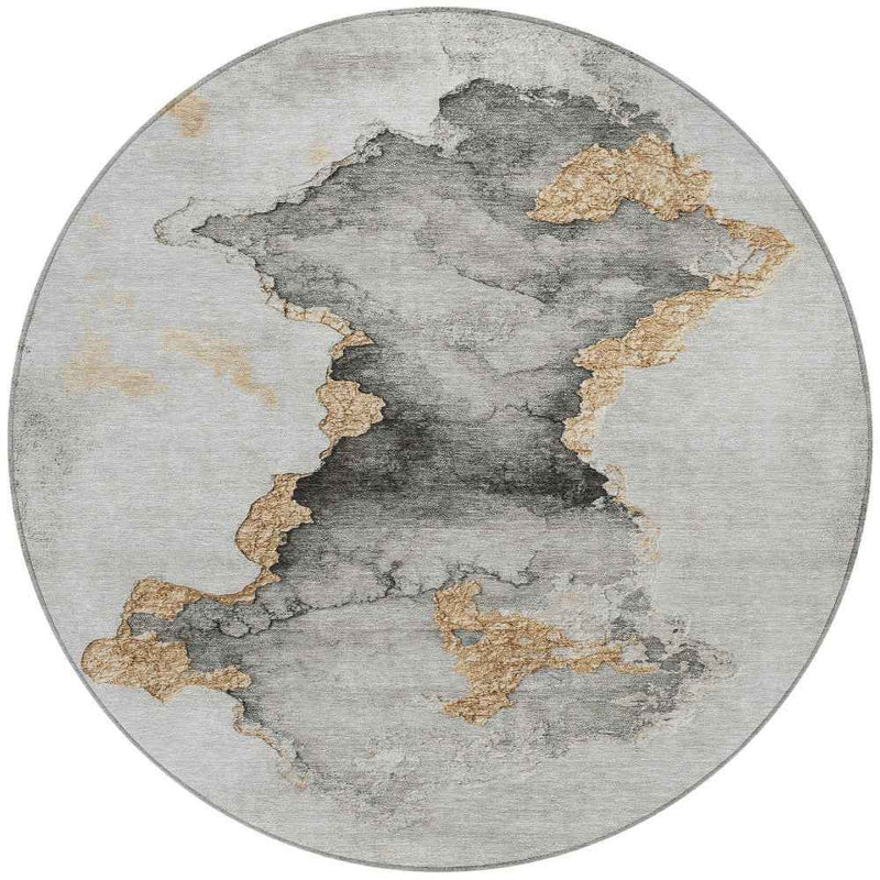 8' Gray And Gold Round Abstract Washable Indoor Outdoor Area Rug