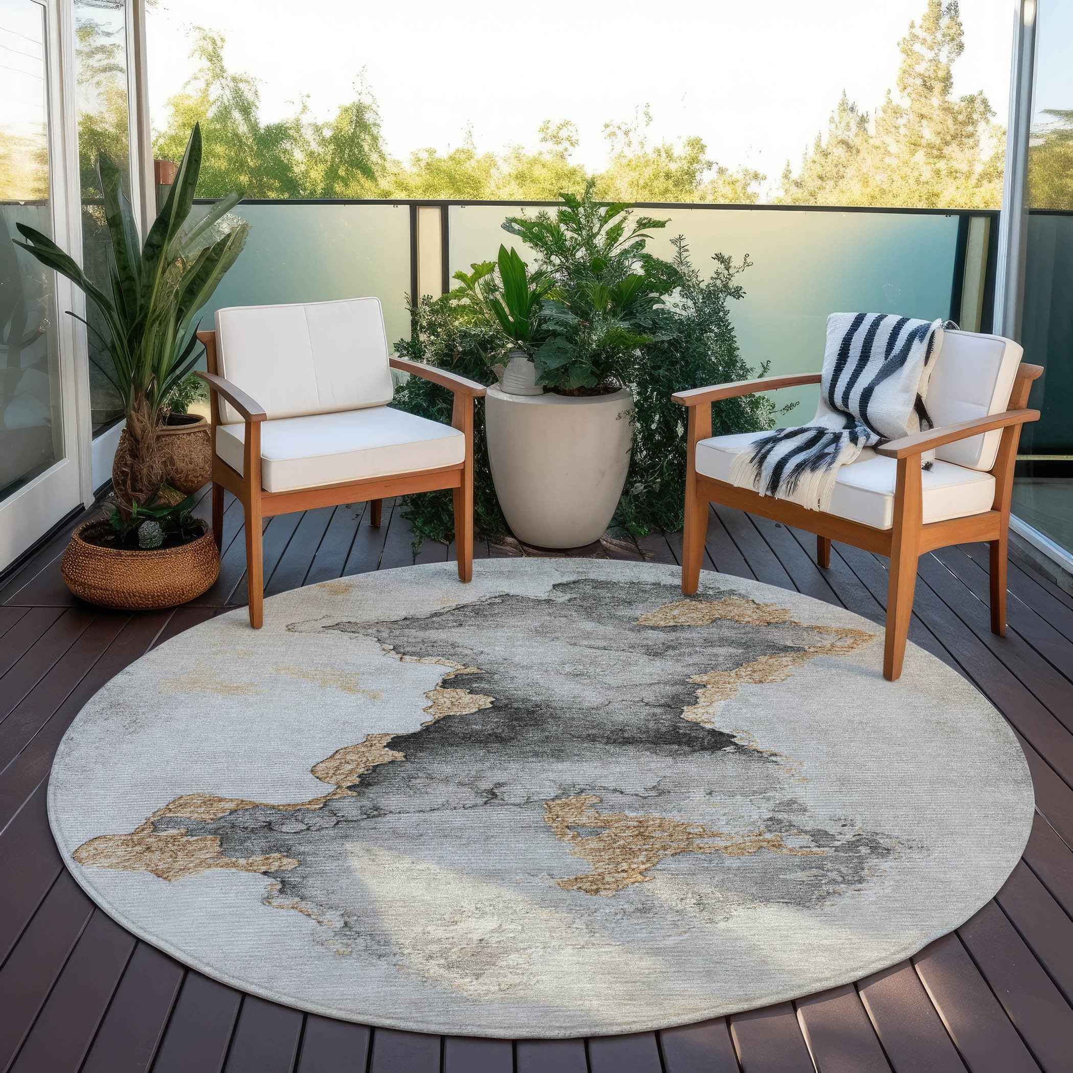 8' Gray And Gold Round Abstract Washable Indoor Outdoor Area Rug