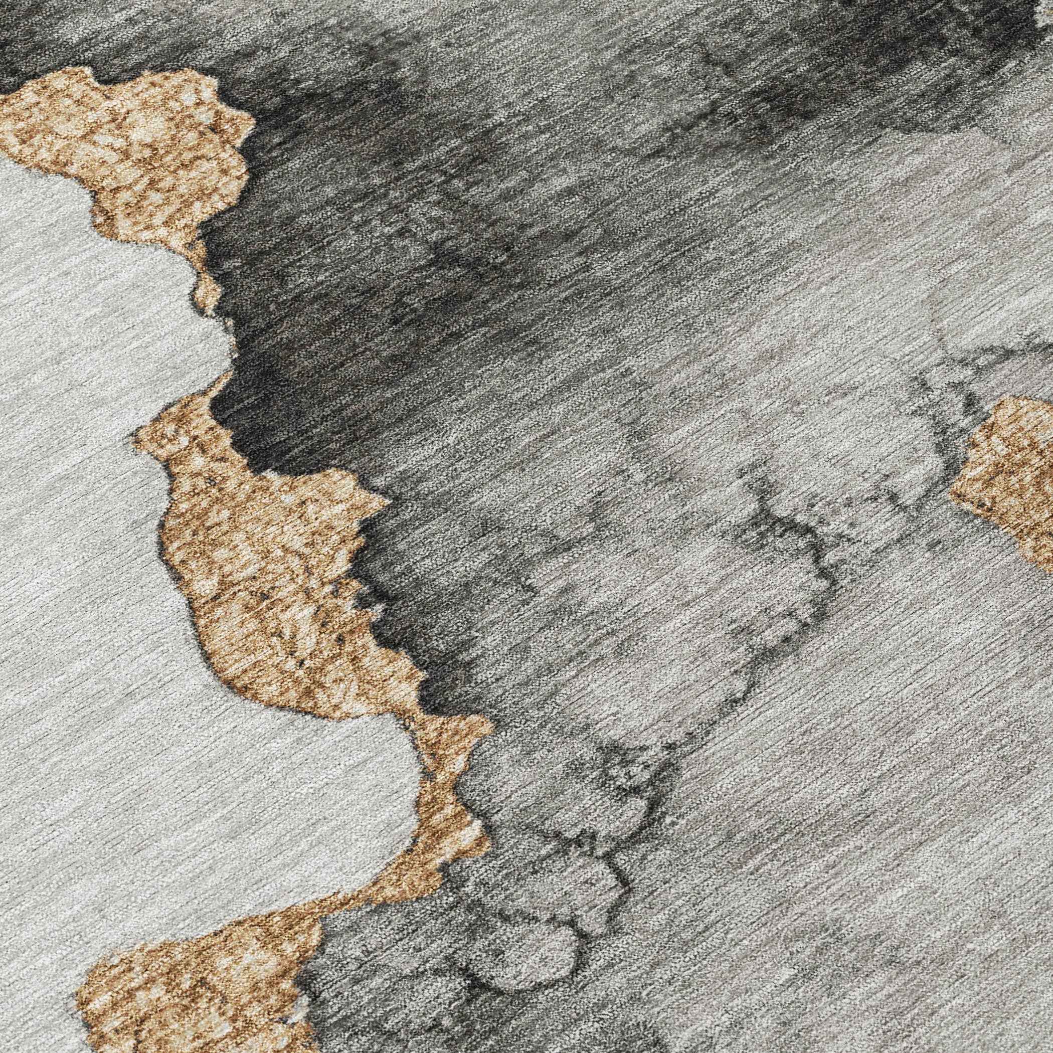 8' Gray And Gold Round Abstract Washable Indoor Outdoor Area Rug