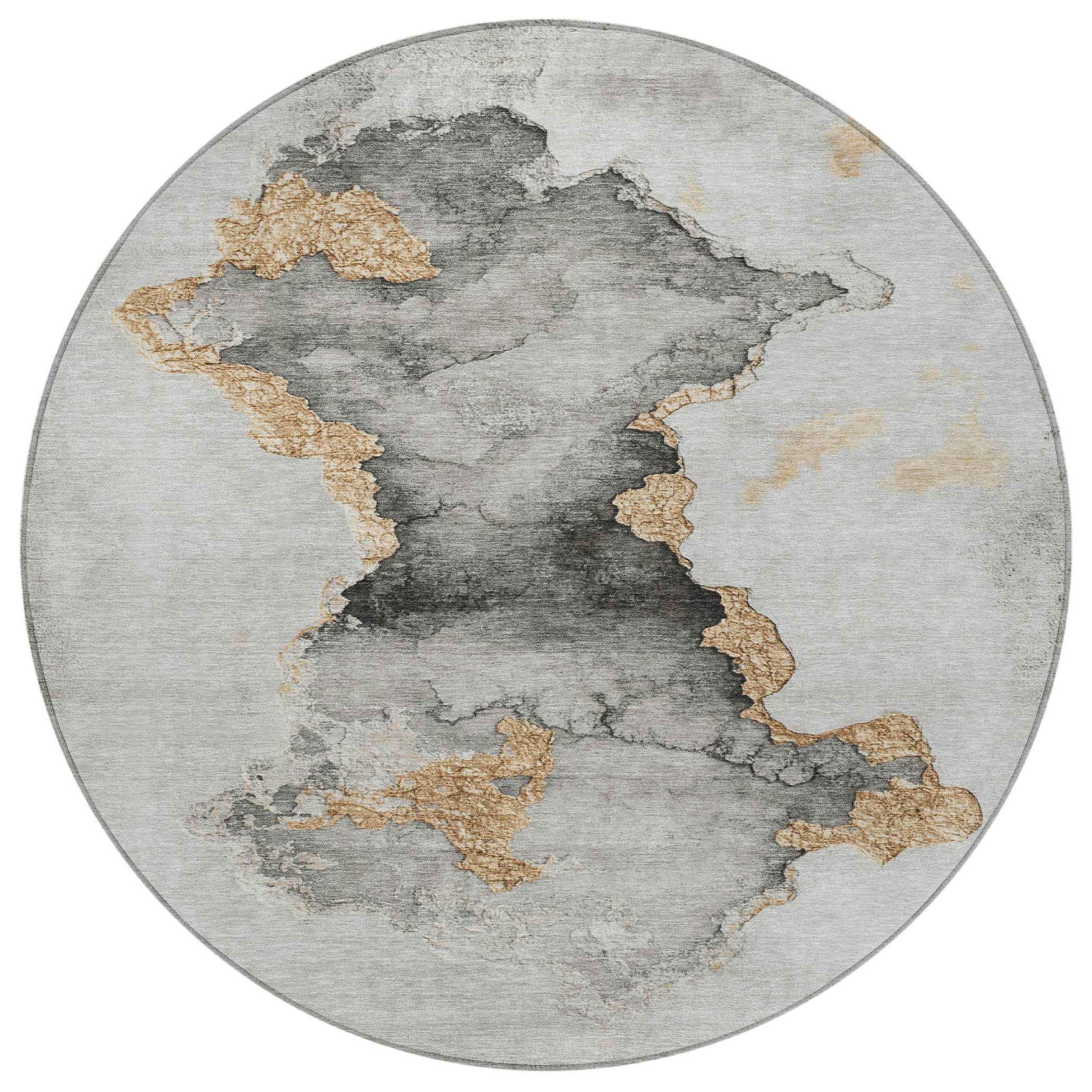 8' Gray And Gold Round Abstract Washable Indoor Outdoor Area Rug