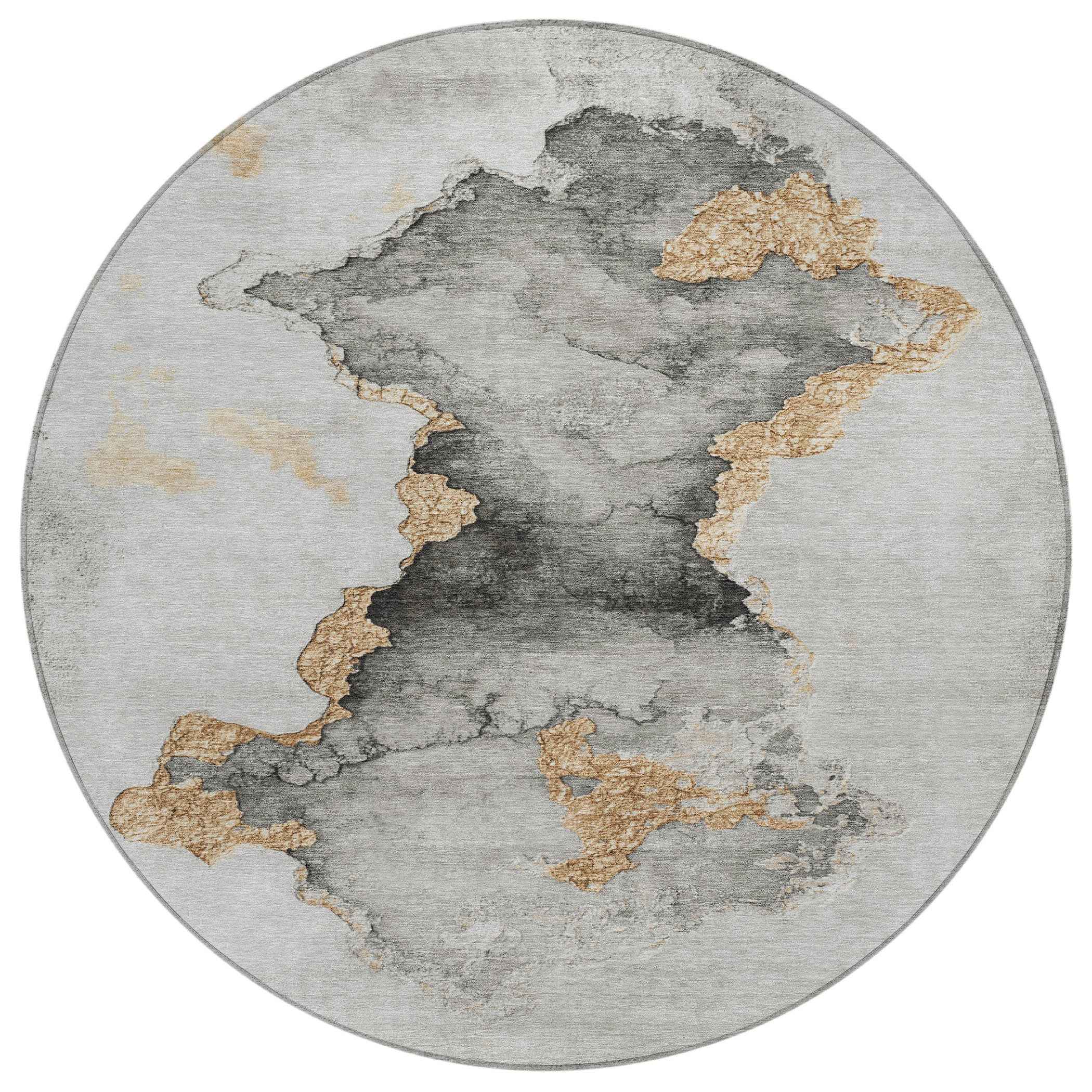 8' Gray And Gold Round Abstract Washable Indoor Outdoor Area Rug