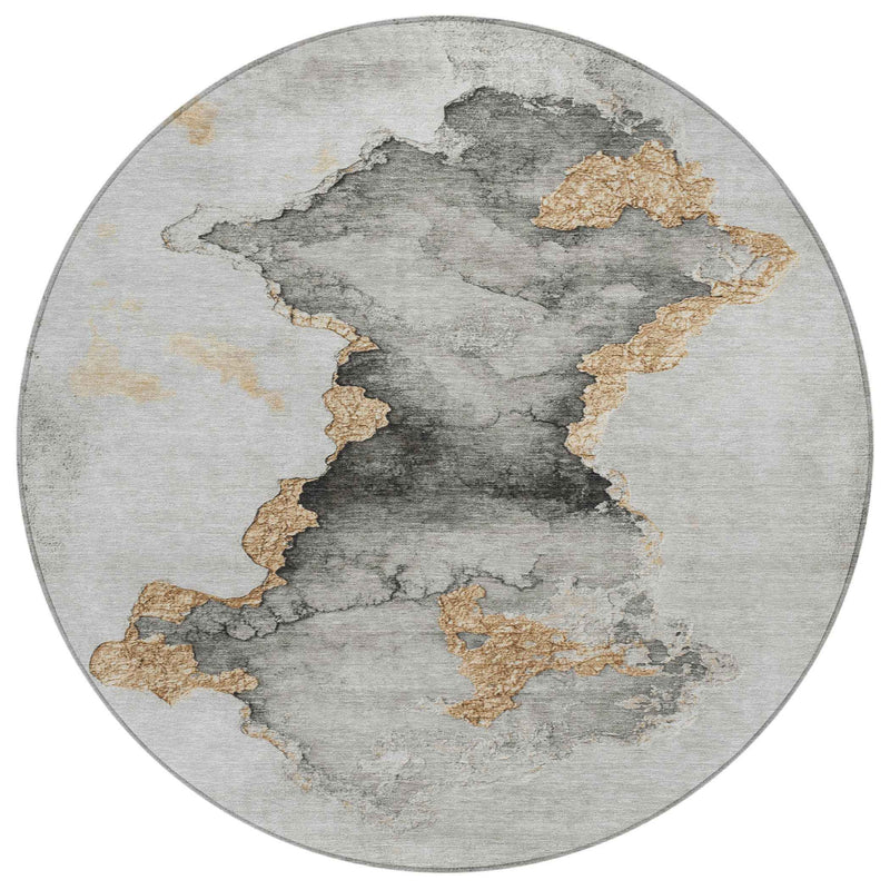 8' Gray And Gold Round Abstract Washable Indoor Outdoor Area Rug