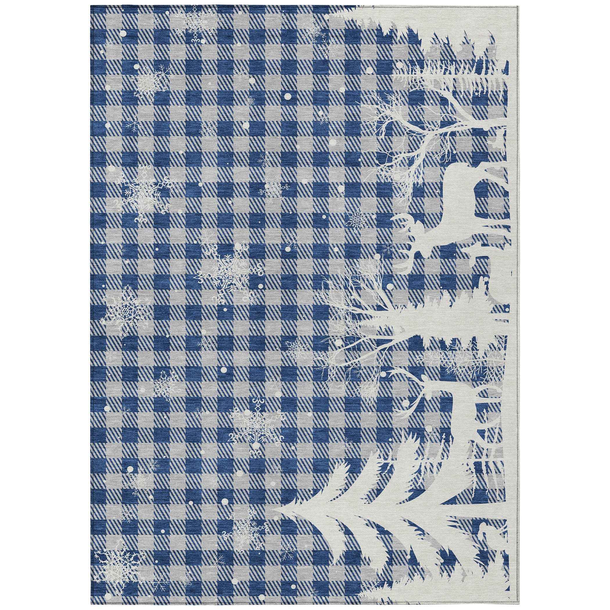 10' X 14' Blue Ivory And Gray Plaid Washable Indoor Outdoor Area Rug