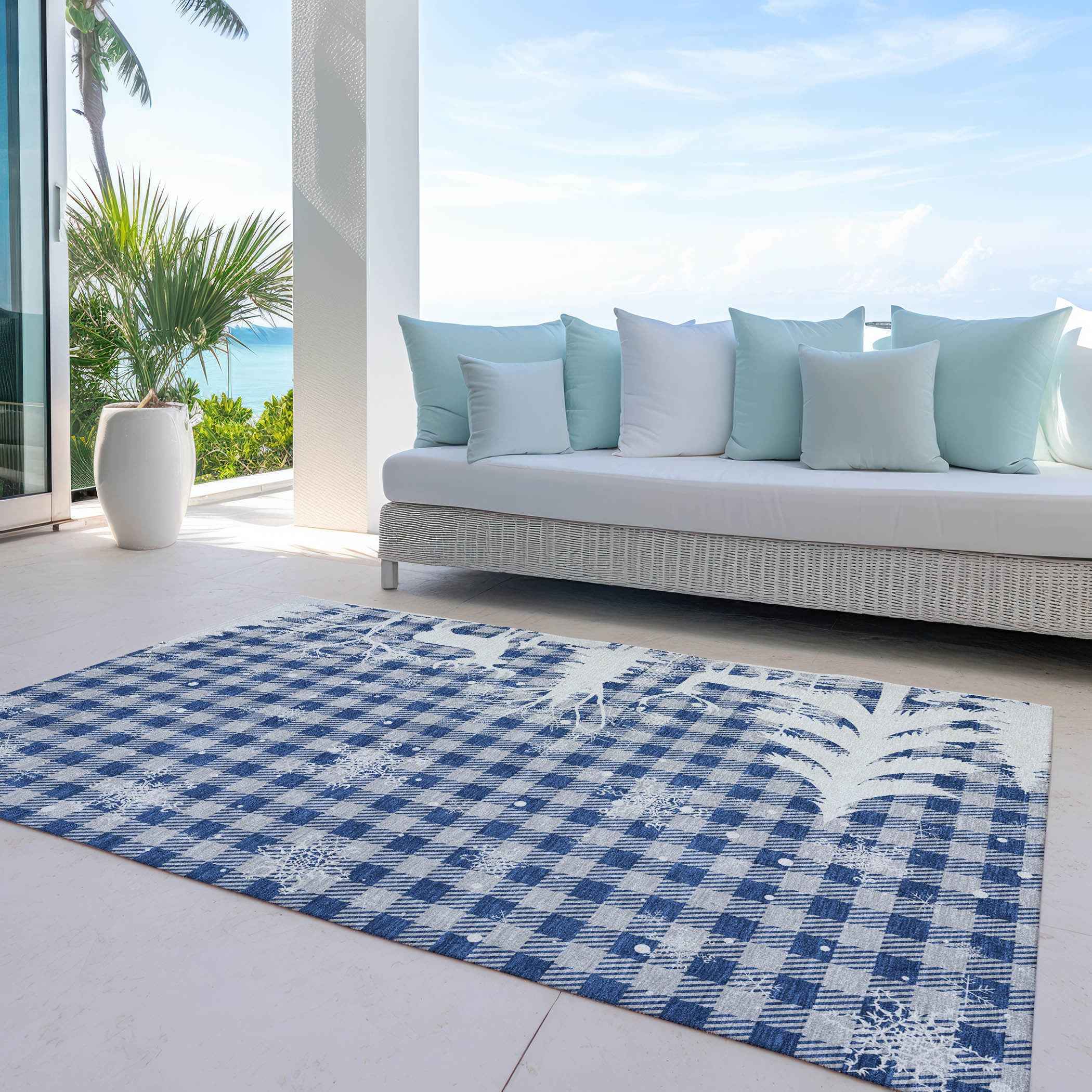 10' X 14' Blue Ivory And Gray Plaid Washable Indoor Outdoor Area Rug