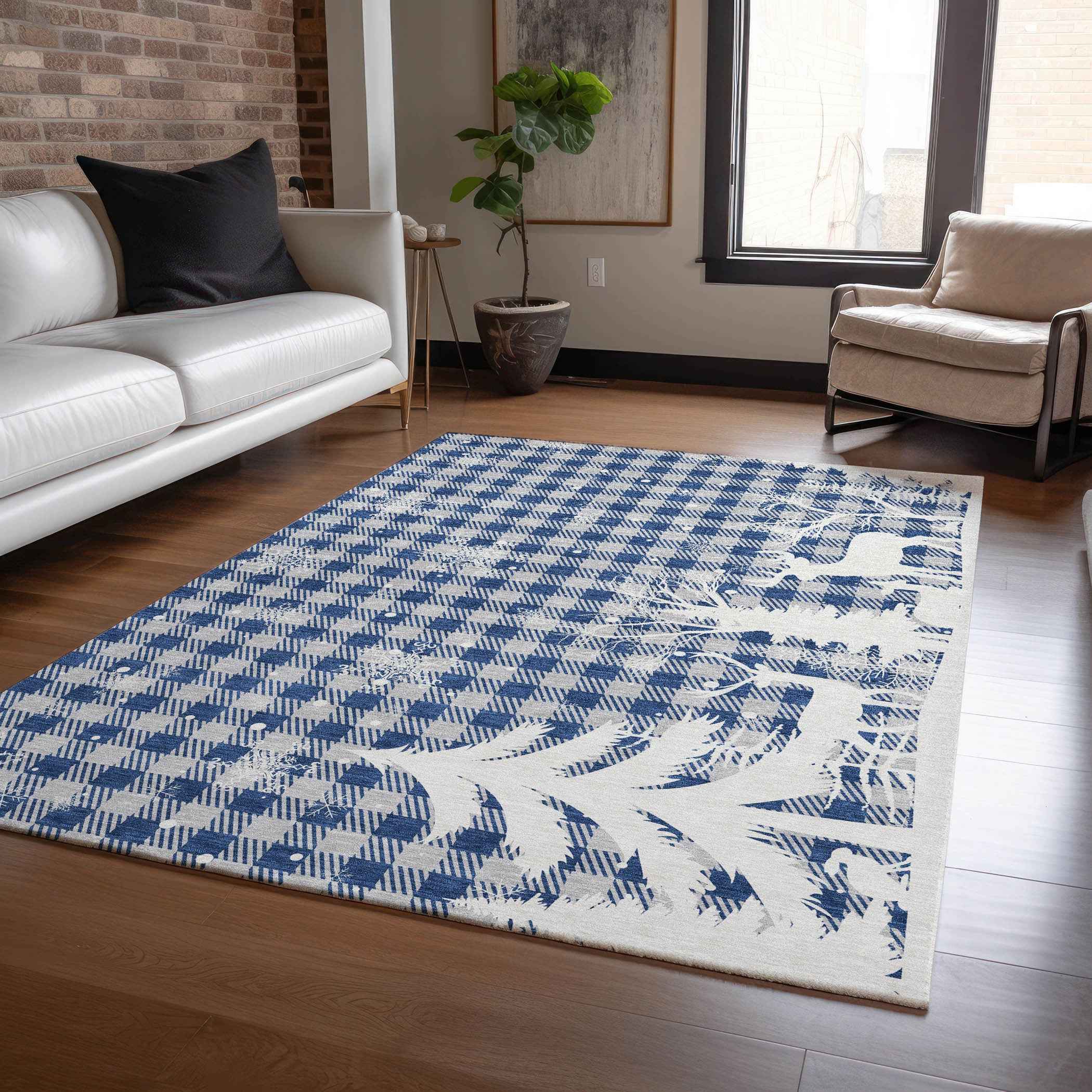 10' X 14' Blue Ivory And Gray Plaid Washable Indoor Outdoor Area Rug