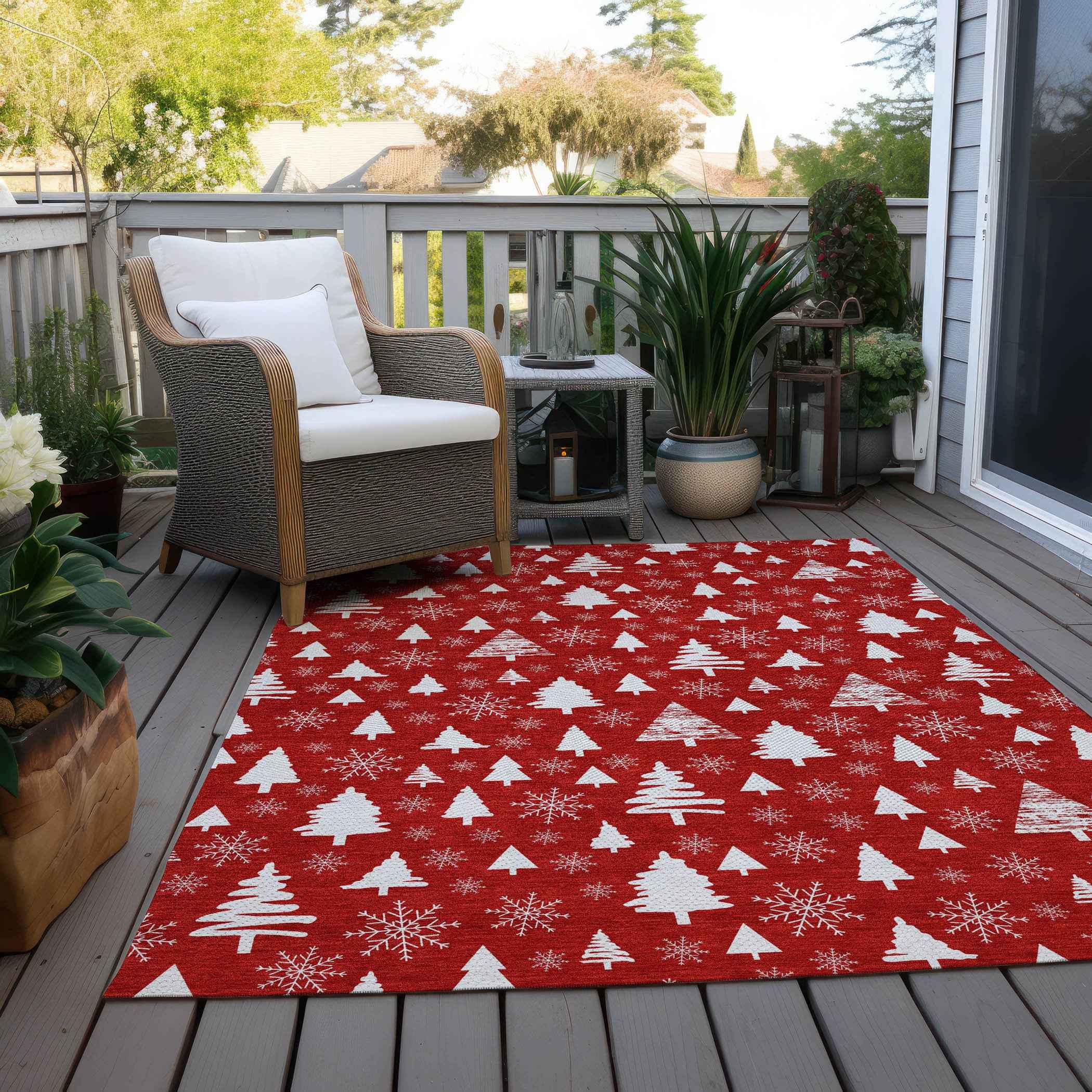 8' X 10' Red And Ivory Botanical Leaves Washable Indoor Outdoor Area Rug