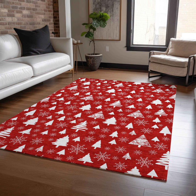 8' X 10' Red And Ivory Botanical Leaves Washable Indoor Outdoor Area Rug