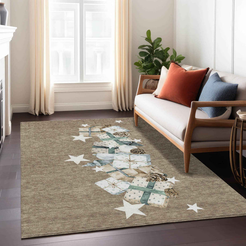 8' X 10' Brown Beige Ivory And Taupe Geometric Washable Indoor Outdoor Area Rug