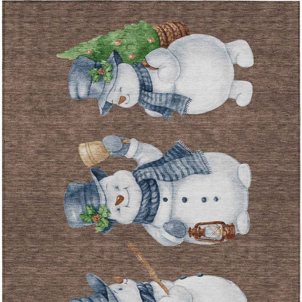 9' X 12' Brown Denim Blue And Ivory Botanical Leaves Washable Indoor Outdoor Area Rug