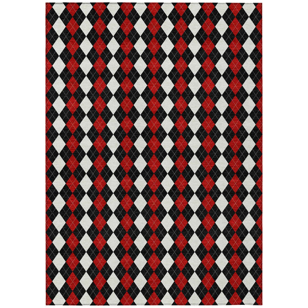 10' X 14' Black Red And White Argyle Washable Indoor Outdoor Area Rug