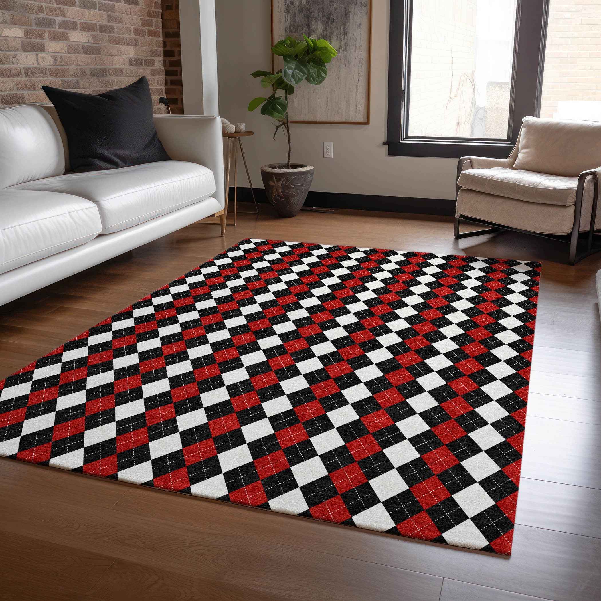 10' X 14' Black Red And White Argyle Washable Indoor Outdoor Area Rug