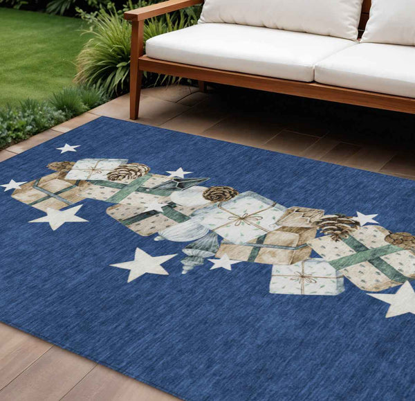 8' X 10' Navy Blue Beige Ivory And Taupe Geometric Washable Indoor Outdoor Area Rug