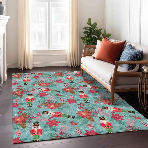 10' X 14' Teal Blue Red Black Pink And Brown Floral Washable Indoor Outdoor Area Rug