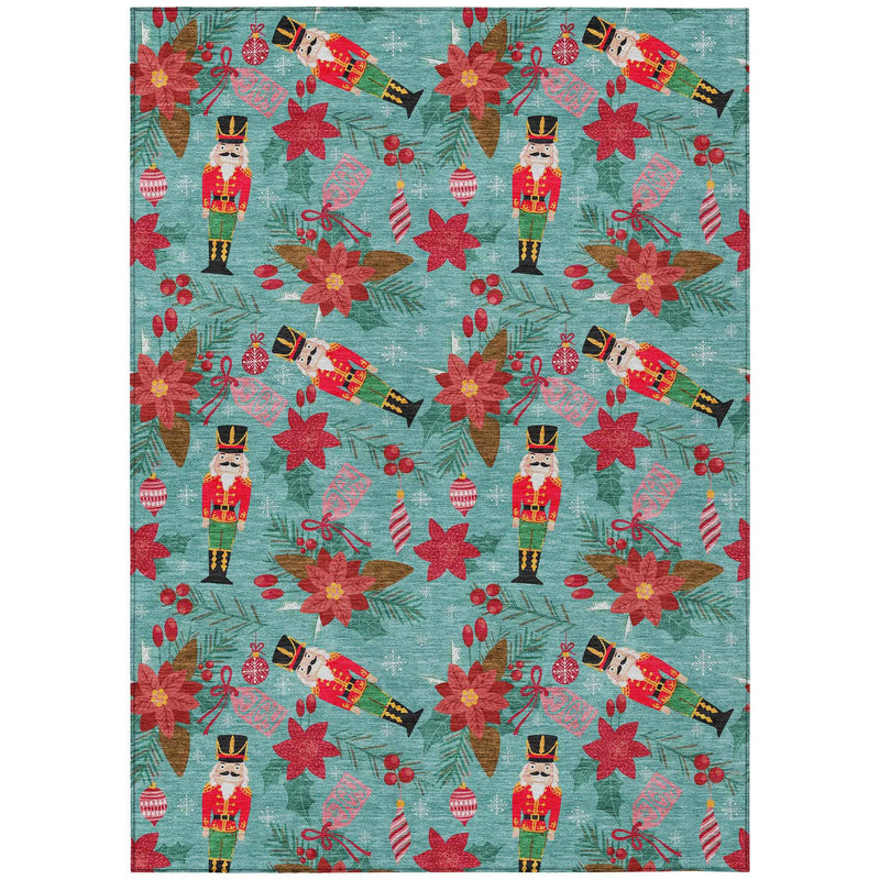 10' X 14' Teal Blue Red Black Pink And Brown Floral Washable Indoor Outdoor Area Rug