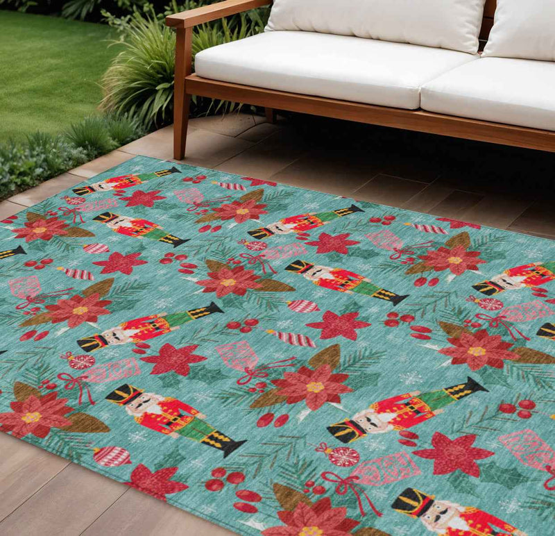 10' X 14' Teal Blue Red Black Pink And Brown Floral Washable Indoor Outdoor Area Rug