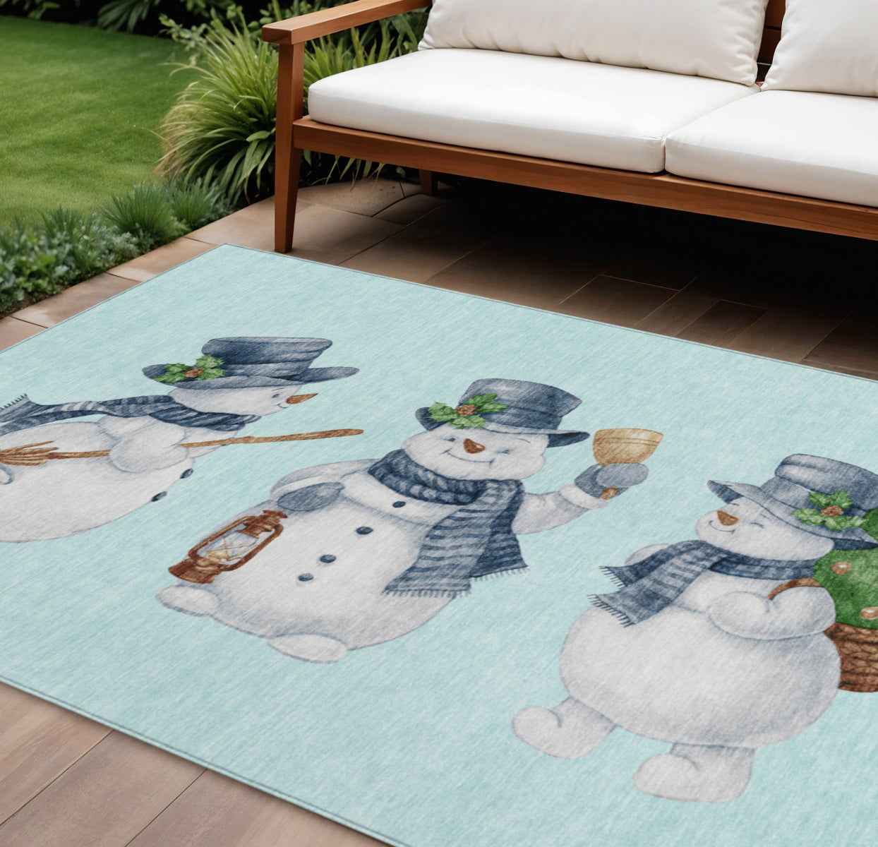 10' X 14' Sky Blue Denim Blue And Ivory Botanical Leaves Washable Indoor Outdoor Area Rug
