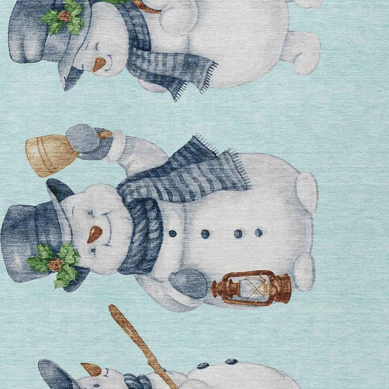 5' X 8' Sky Blue Denim Blue And Ivory Snowmen Washable Indoor Outdoor Area Rug