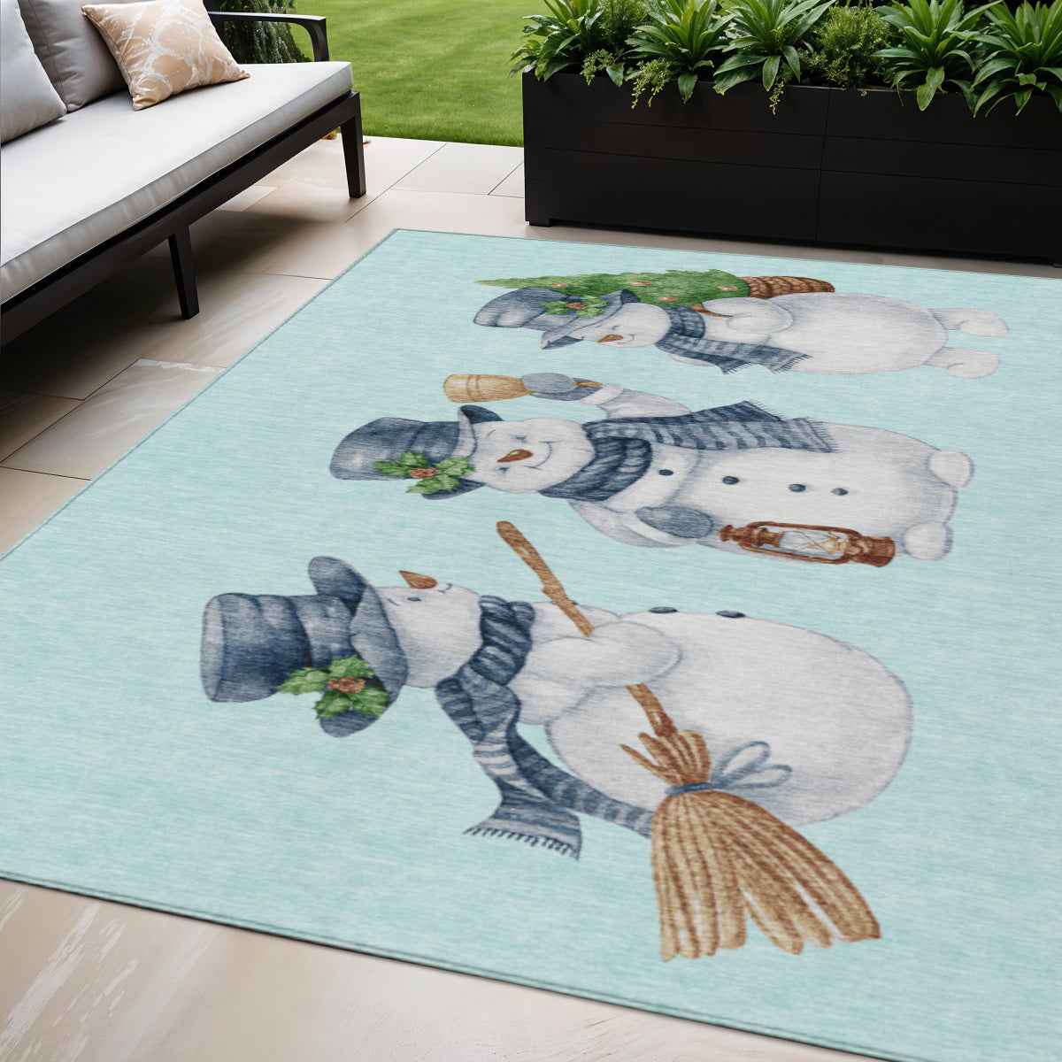 5' X 8' Sky Blue Denim Blue And Ivory Snowmen Washable Indoor Outdoor Area Rug
