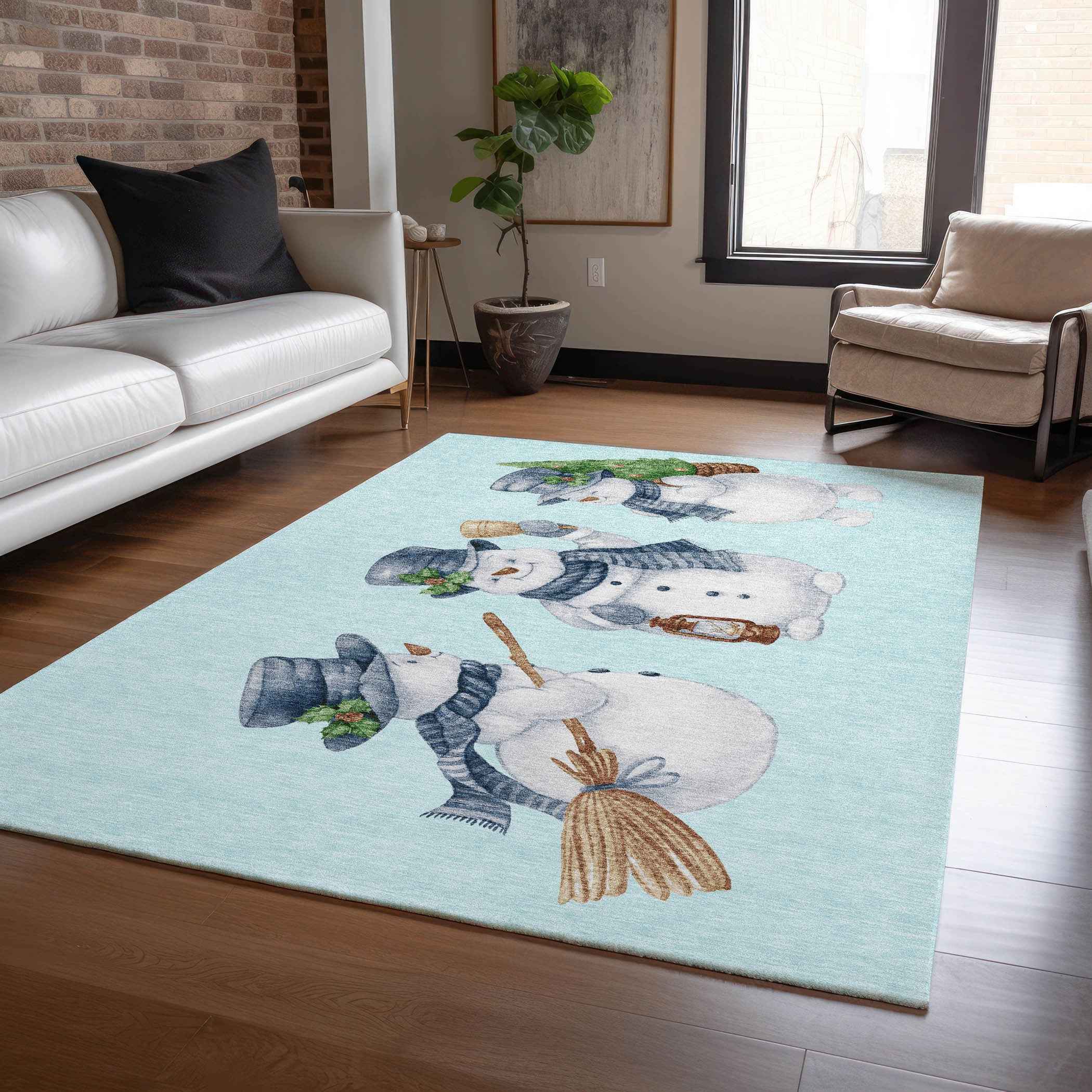 5' X 8' Sky Blue Denim Blue And Ivory Snowmen Washable Indoor Outdoor Area Rug