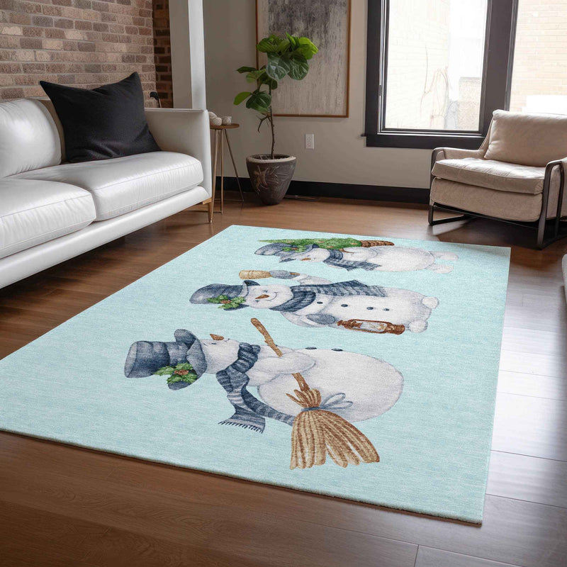 5' X 8' Sky Blue Denim Blue And Ivory Snowmen Washable Indoor Outdoor Area Rug