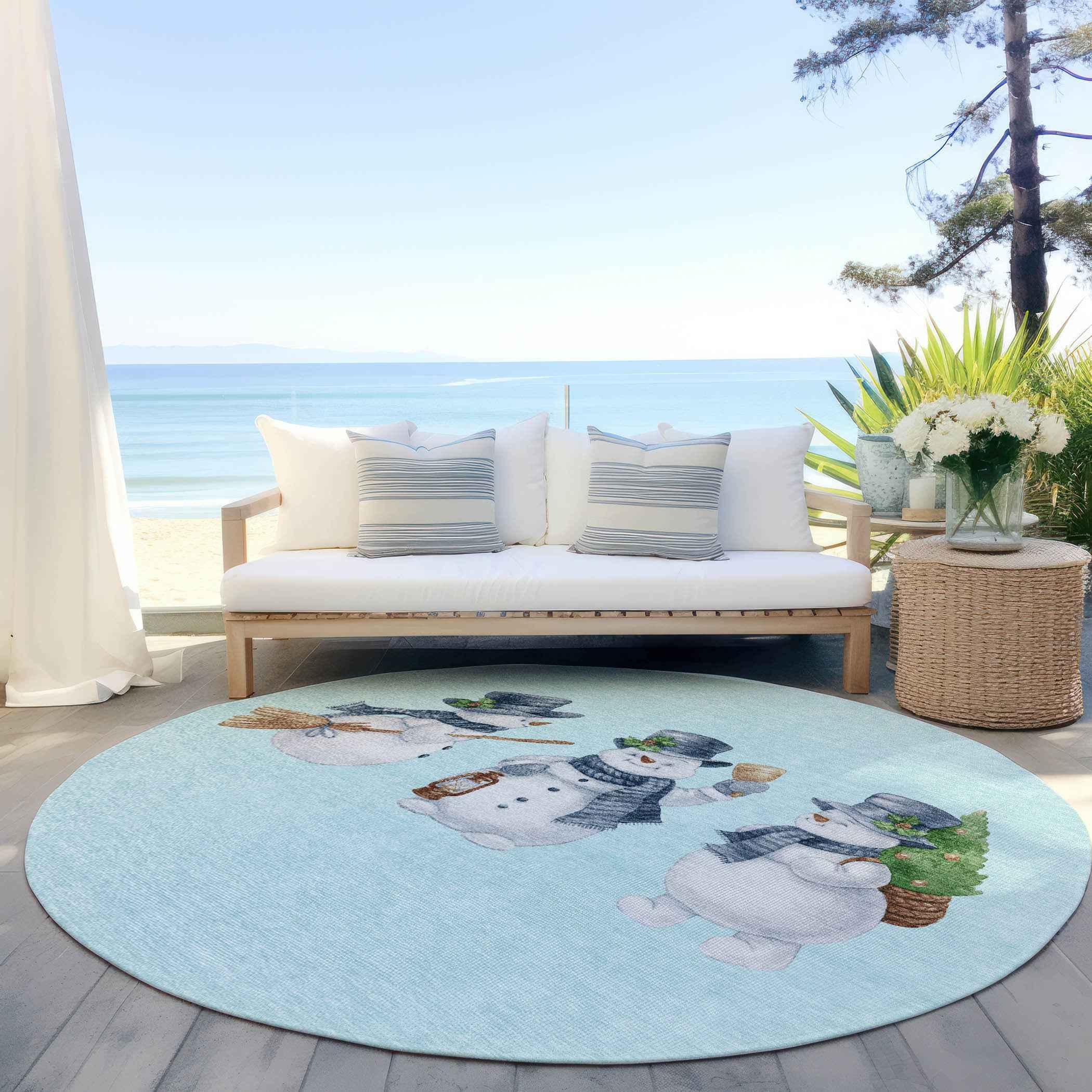 8' Sky Blue Denim Blue And Ivory Round Botanical Leaves Washable Indoor Outdoor Area Rug