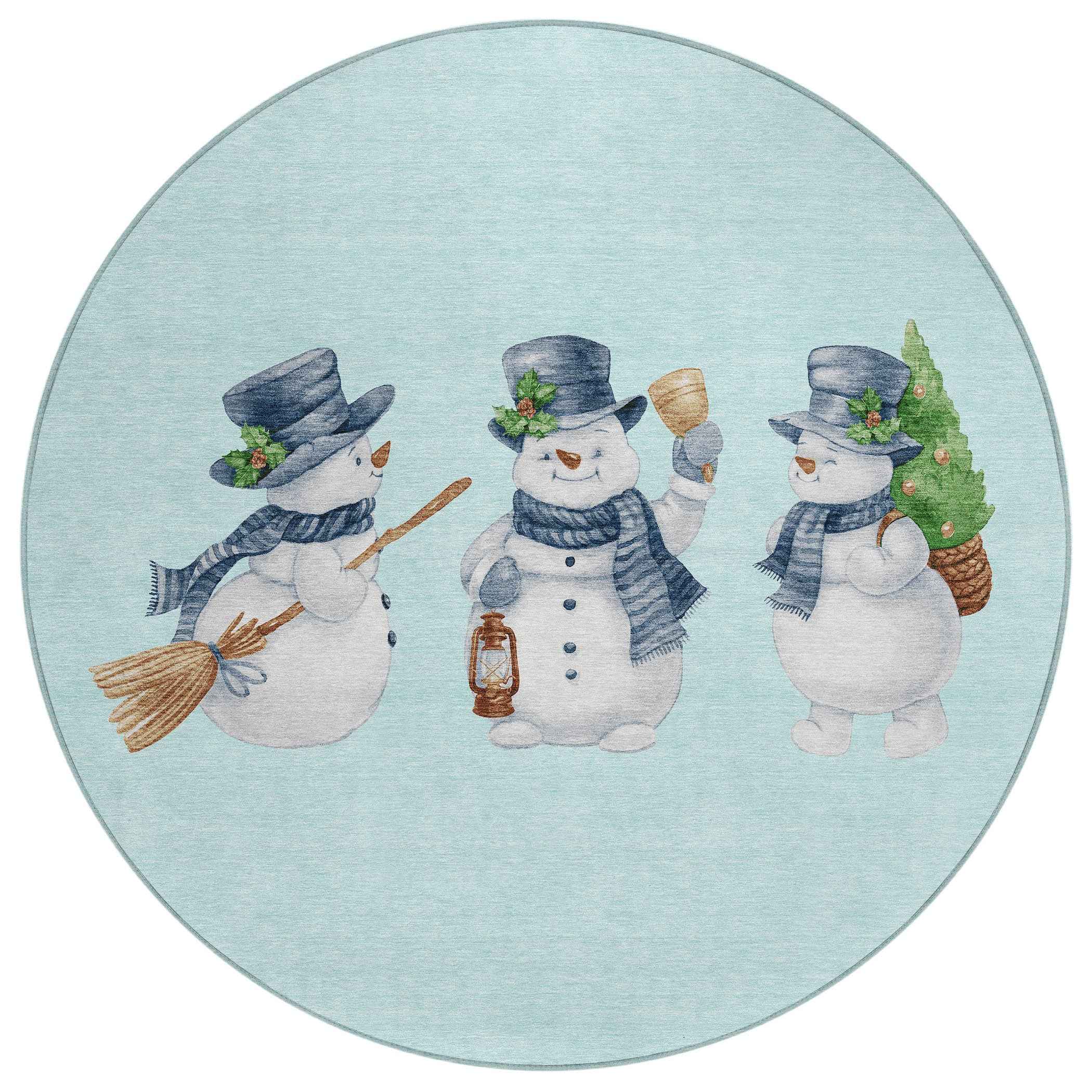 8' Sky Blue Denim Blue And Ivory Round Botanical Leaves Washable Indoor Outdoor Area Rug