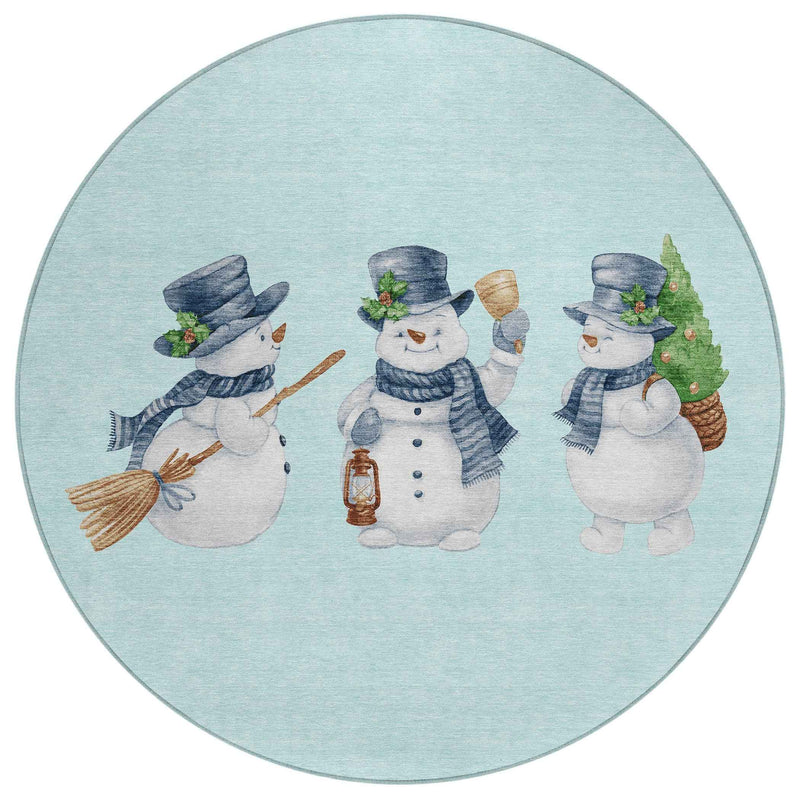 8' Sky Blue Denim Blue And Ivory Round Botanical Leaves Washable Indoor Outdoor Area Rug