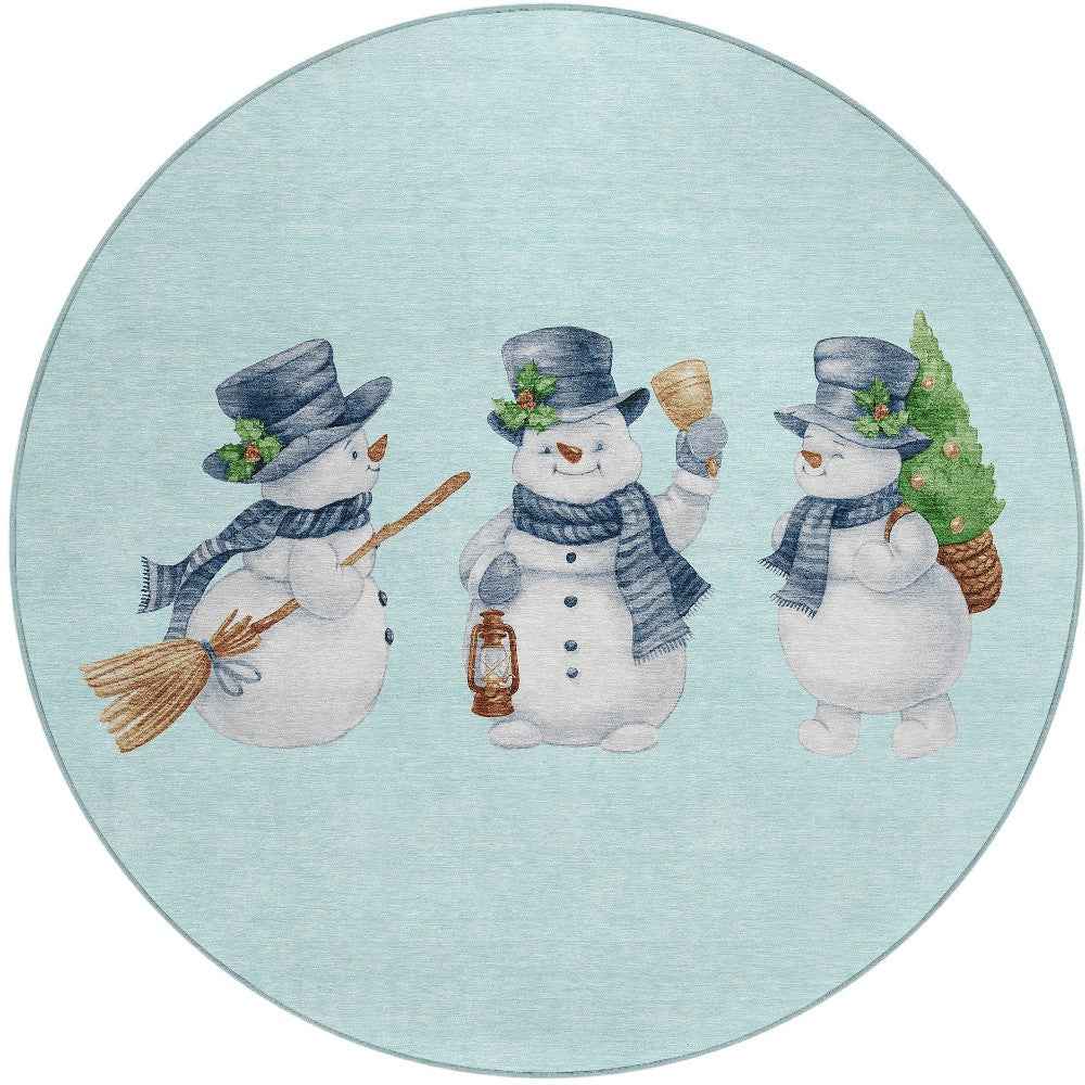 8' Sky Blue Denim Blue And Ivory Round Botanical Leaves Washable Indoor Outdoor Area Rug