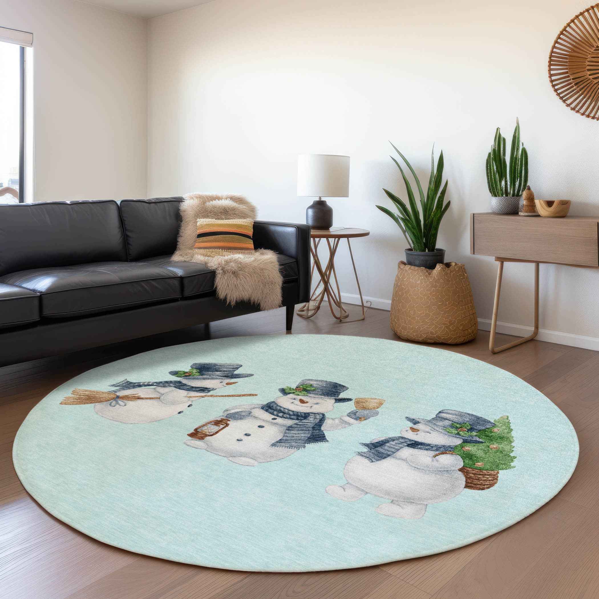 8' Sky Blue Denim Blue And Ivory Round Botanical Leaves Washable Indoor Outdoor Area Rug