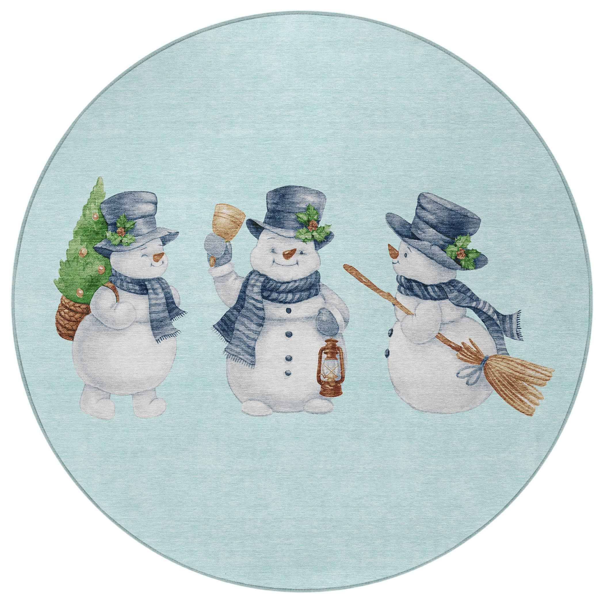 8' Sky Blue Denim Blue And Ivory Round Botanical Leaves Washable Indoor Outdoor Area Rug