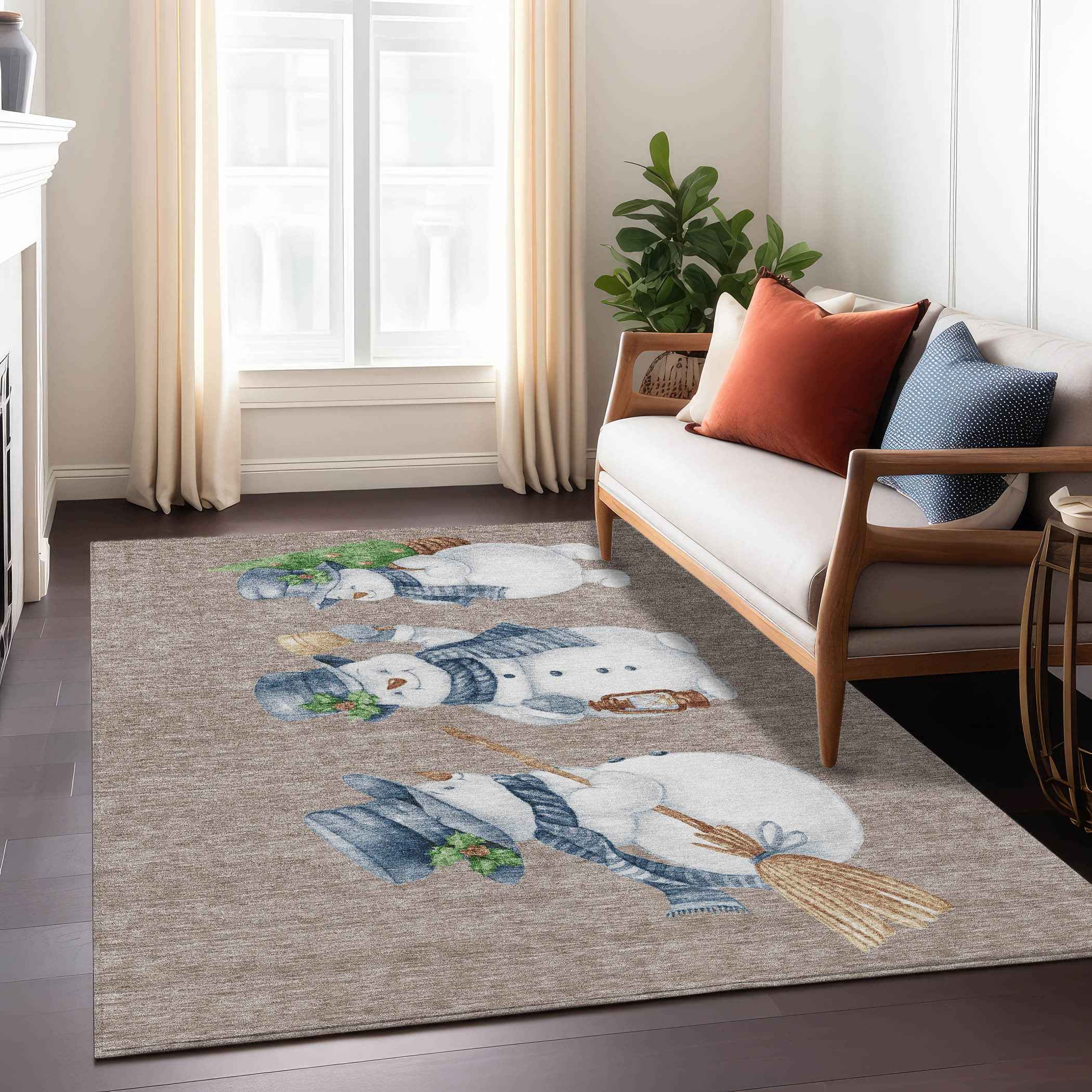 9' X 12' Taupe Denim Blue And Ivory Botanical Leaves Washable Indoor Outdoor Area Rug