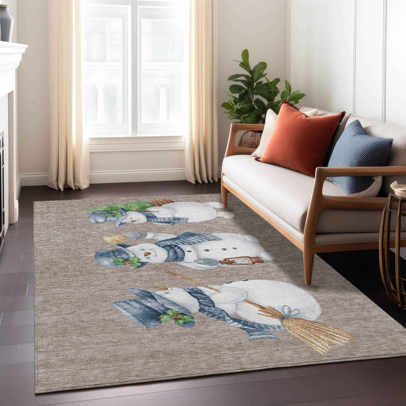 9' X 12' Taupe Denim Blue And Ivory Botanical Leaves Washable Indoor Outdoor Area Rug