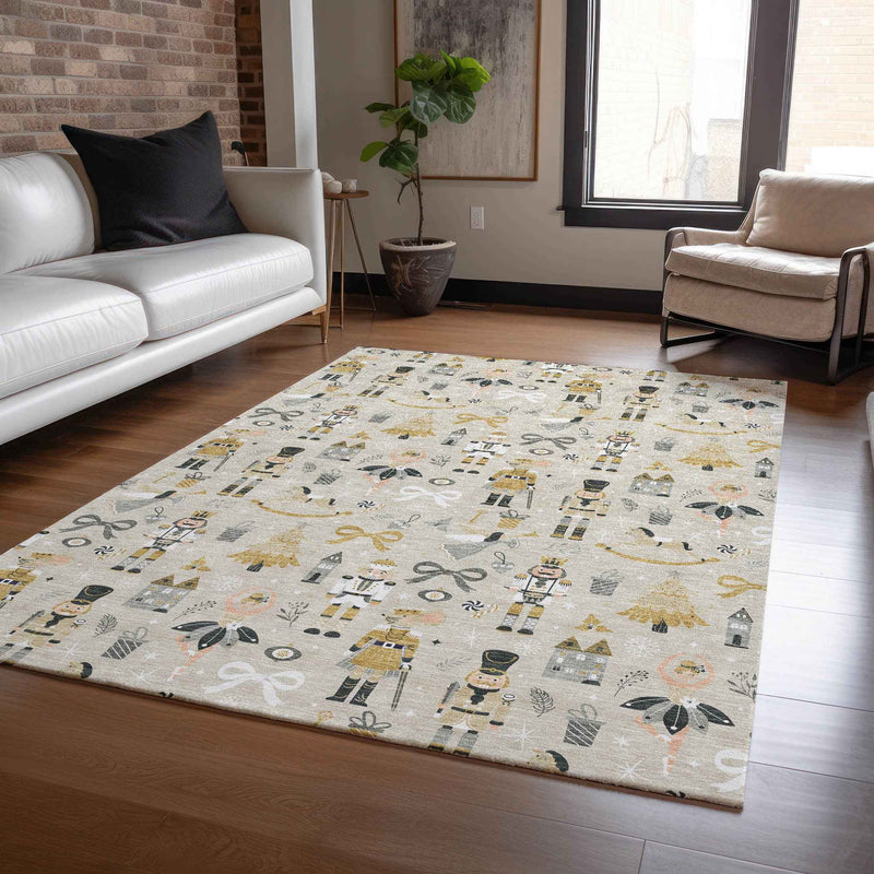 10' X 14' Beige Gold Black And Gray Village Houses Washable Indoor Outdoor Area Rug