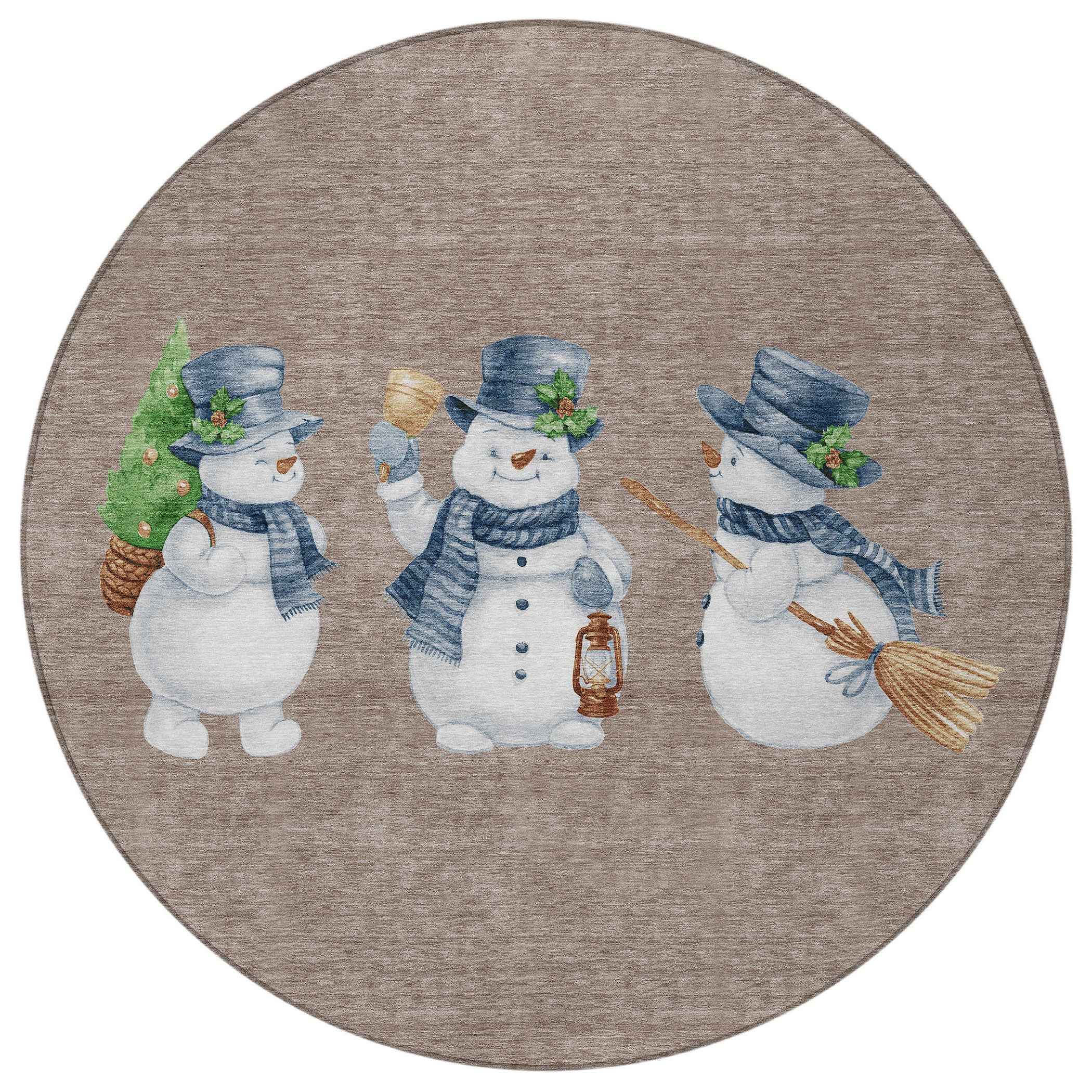 8' Taupe Denim Blue And Ivory Round Botanical Leaves Washable Indoor Outdoor Area Rug