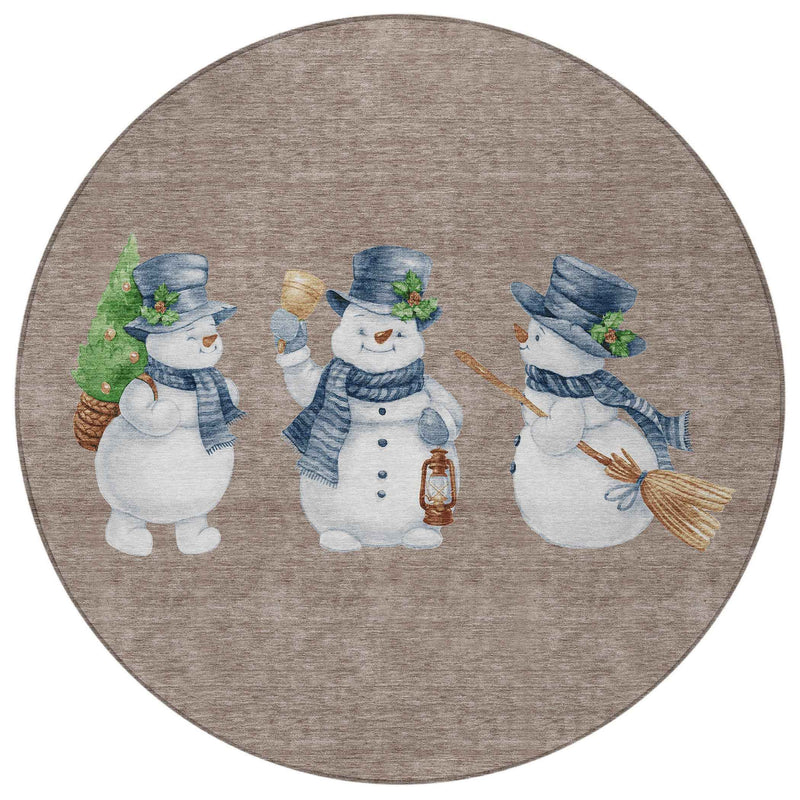 8' Taupe Denim Blue And Ivory Round Botanical Leaves Washable Indoor Outdoor Area Rug