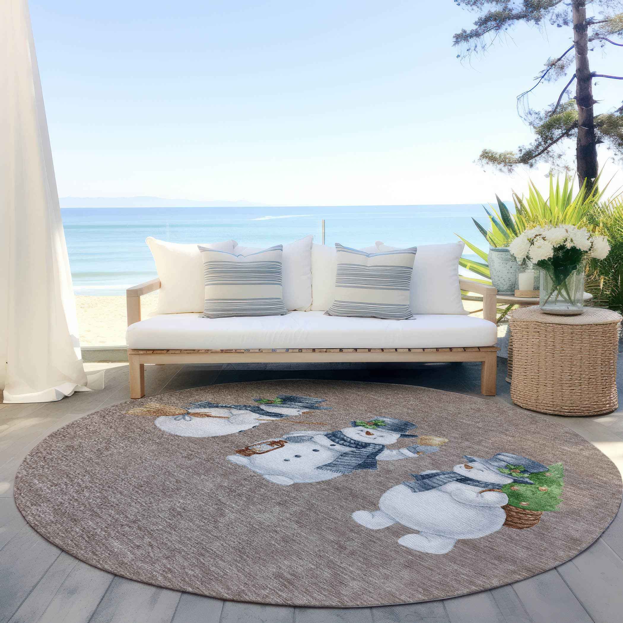 8' Taupe Denim Blue And Ivory Round Botanical Leaves Washable Indoor Outdoor Area Rug