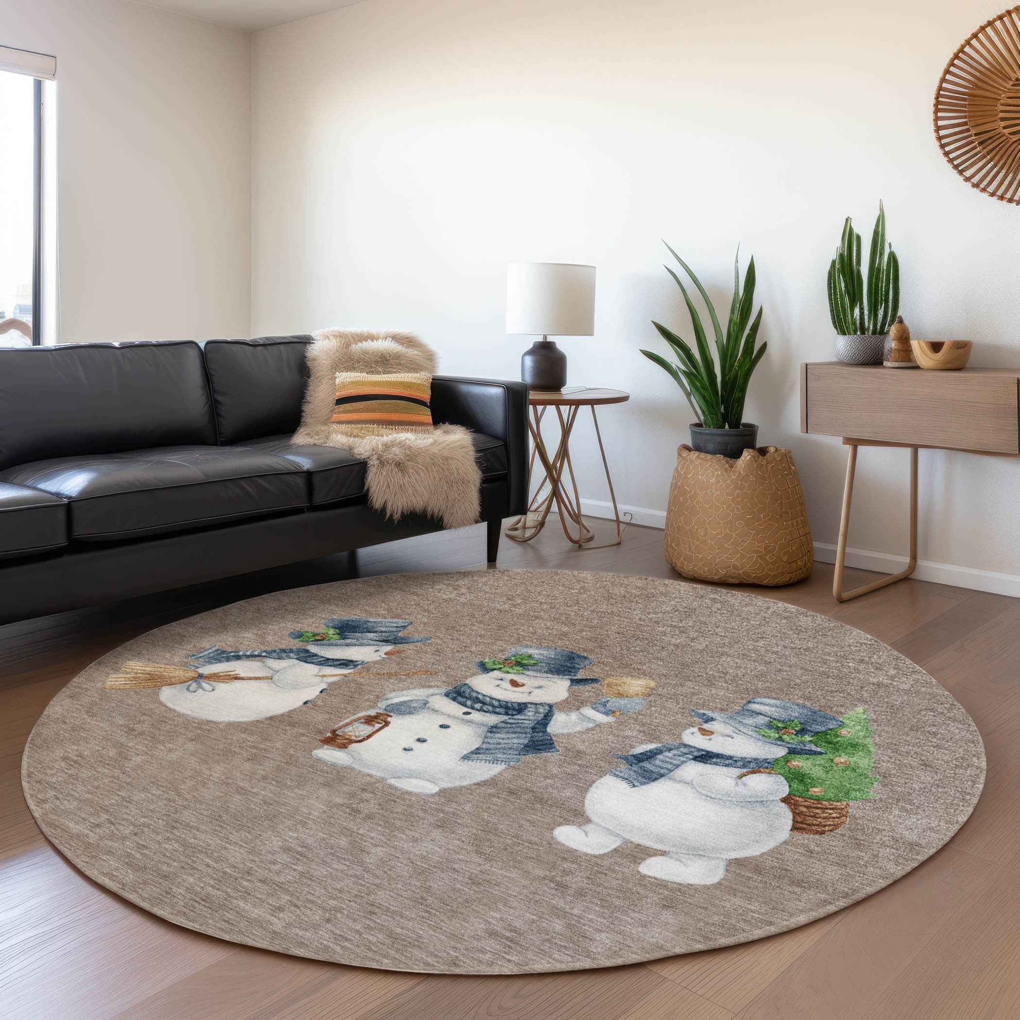 8' Taupe Denim Blue And Ivory Round Botanical Leaves Washable Indoor Outdoor Area Rug