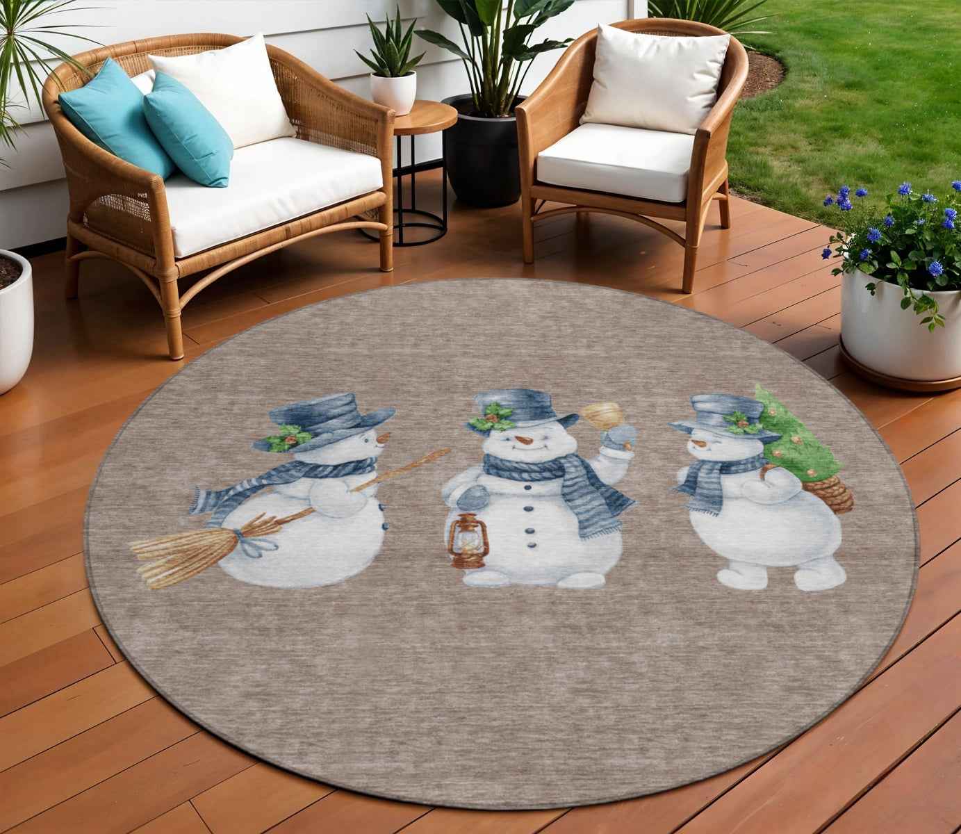 8' Taupe Denim Blue And Ivory Round Botanical Leaves Washable Indoor Outdoor Area Rug