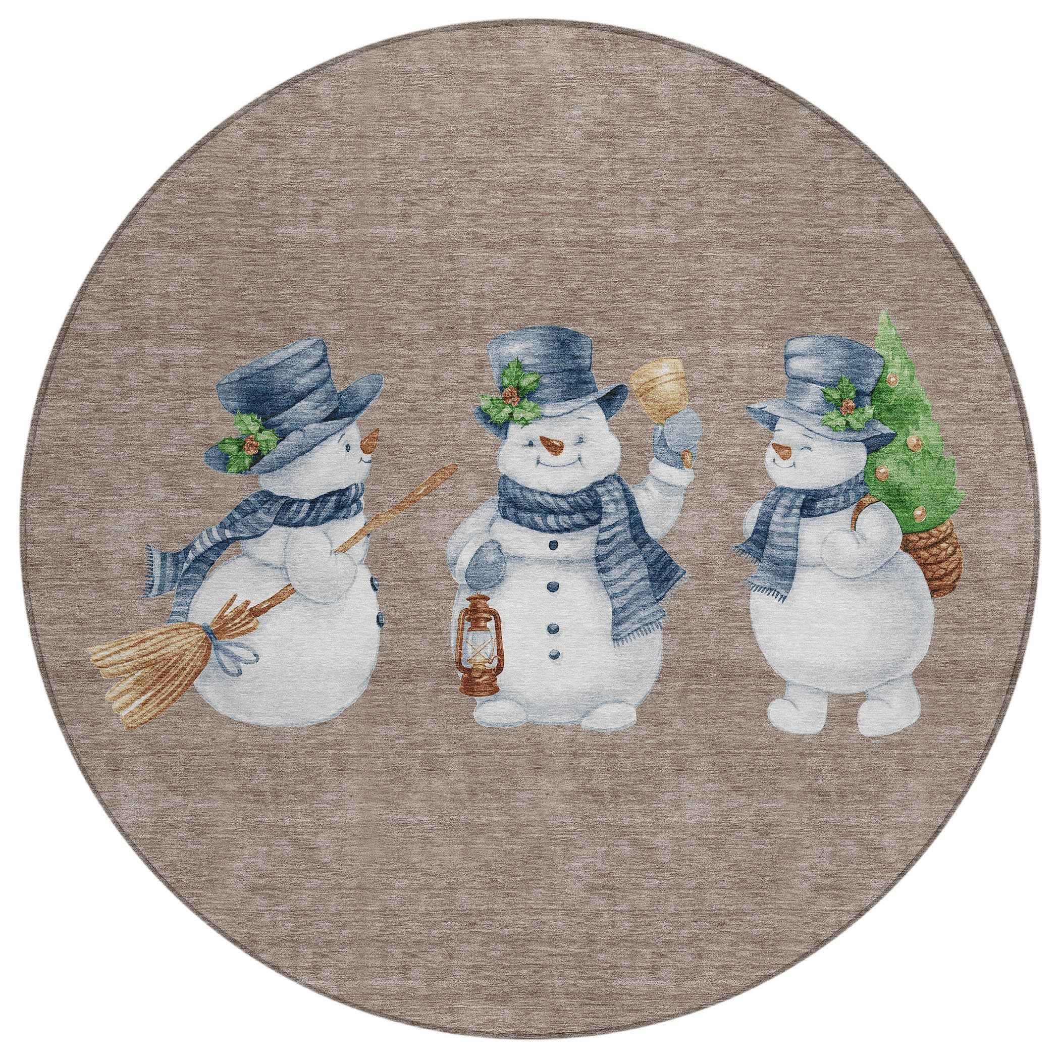 8' Taupe Denim Blue And Ivory Round Botanical Leaves Washable Indoor Outdoor Area Rug