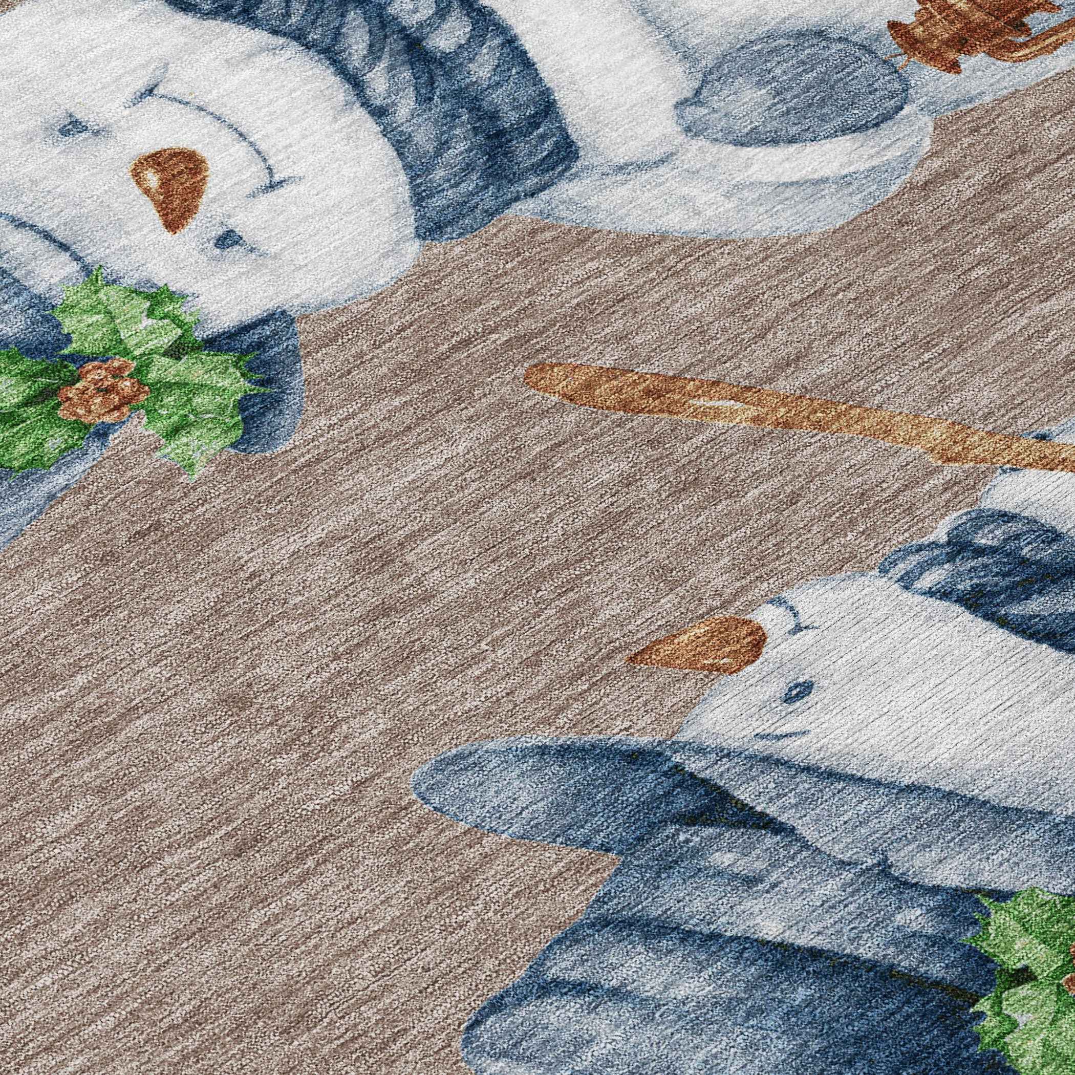 8' Taupe Denim Blue And Ivory Round Botanical Leaves Washable Indoor Outdoor Area Rug