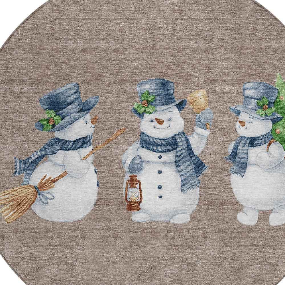 8' Taupe Denim Blue And Ivory Round Botanical Leaves Washable Indoor Outdoor Area Rug