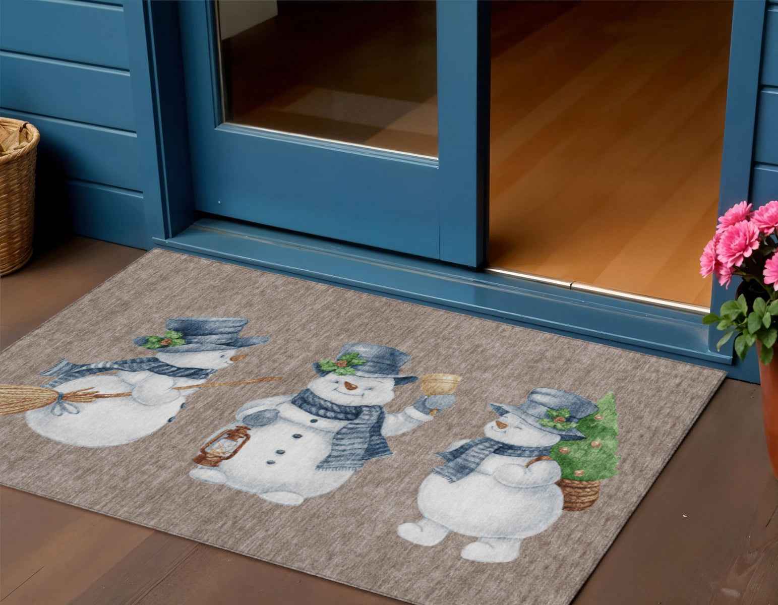 3' X 5' Taupe Denim Blue And Ivory Botanical Leaves Washable Indoor Outdoor Area Rug