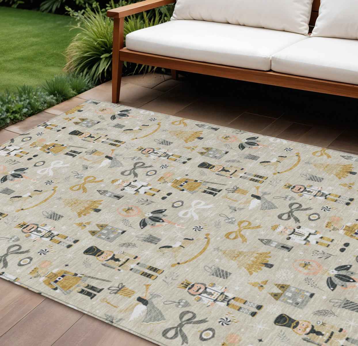 8' X 10' Beige Gold Black And Gray Village Houses Washable Indoor Outdoor Area Rug