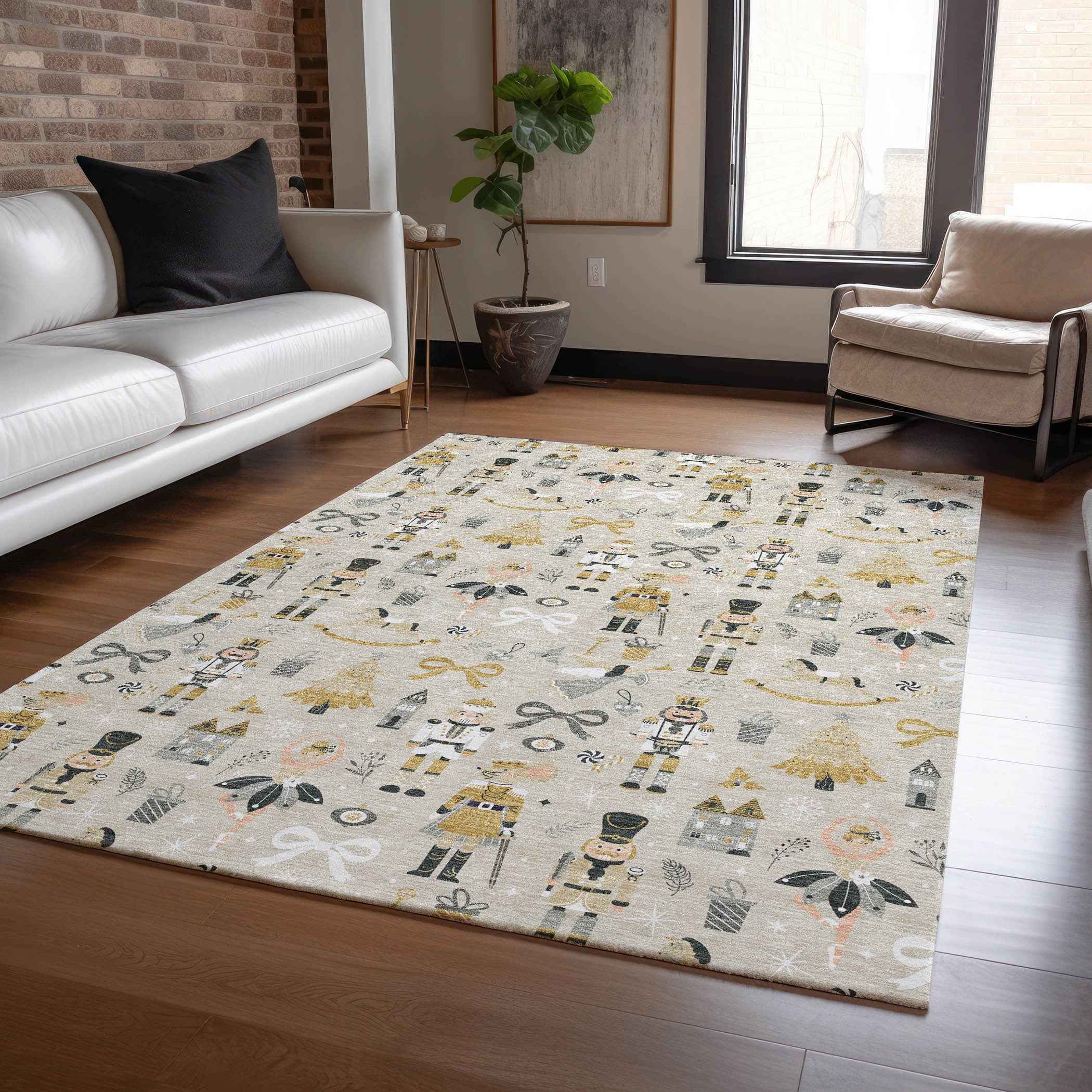 8' X 10' Beige Gold Black And Gray Village Houses Washable Indoor Outdoor Area Rug