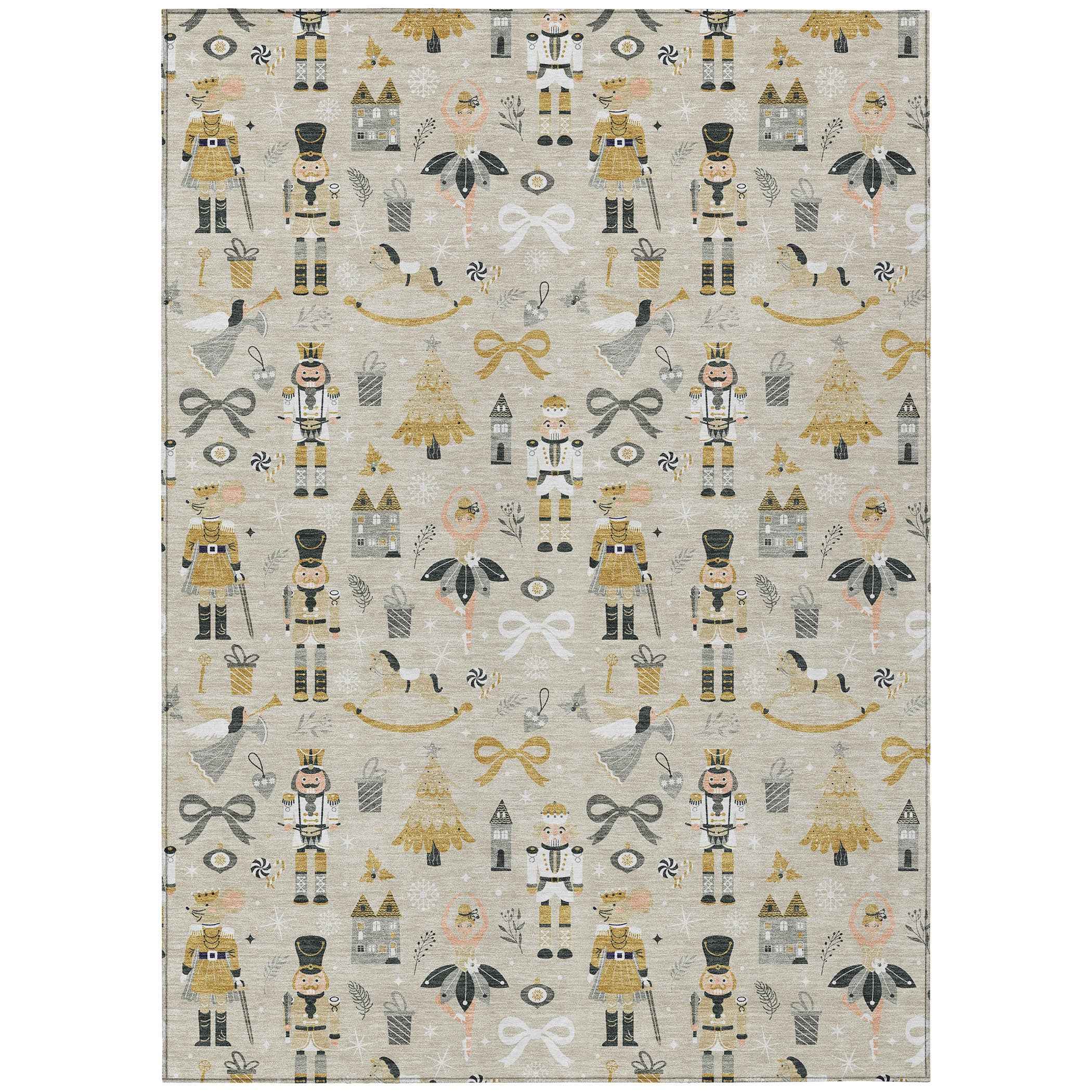 8' X 10' Beige Gold Black And Gray Village Houses Washable Indoor Outdoor Area Rug
